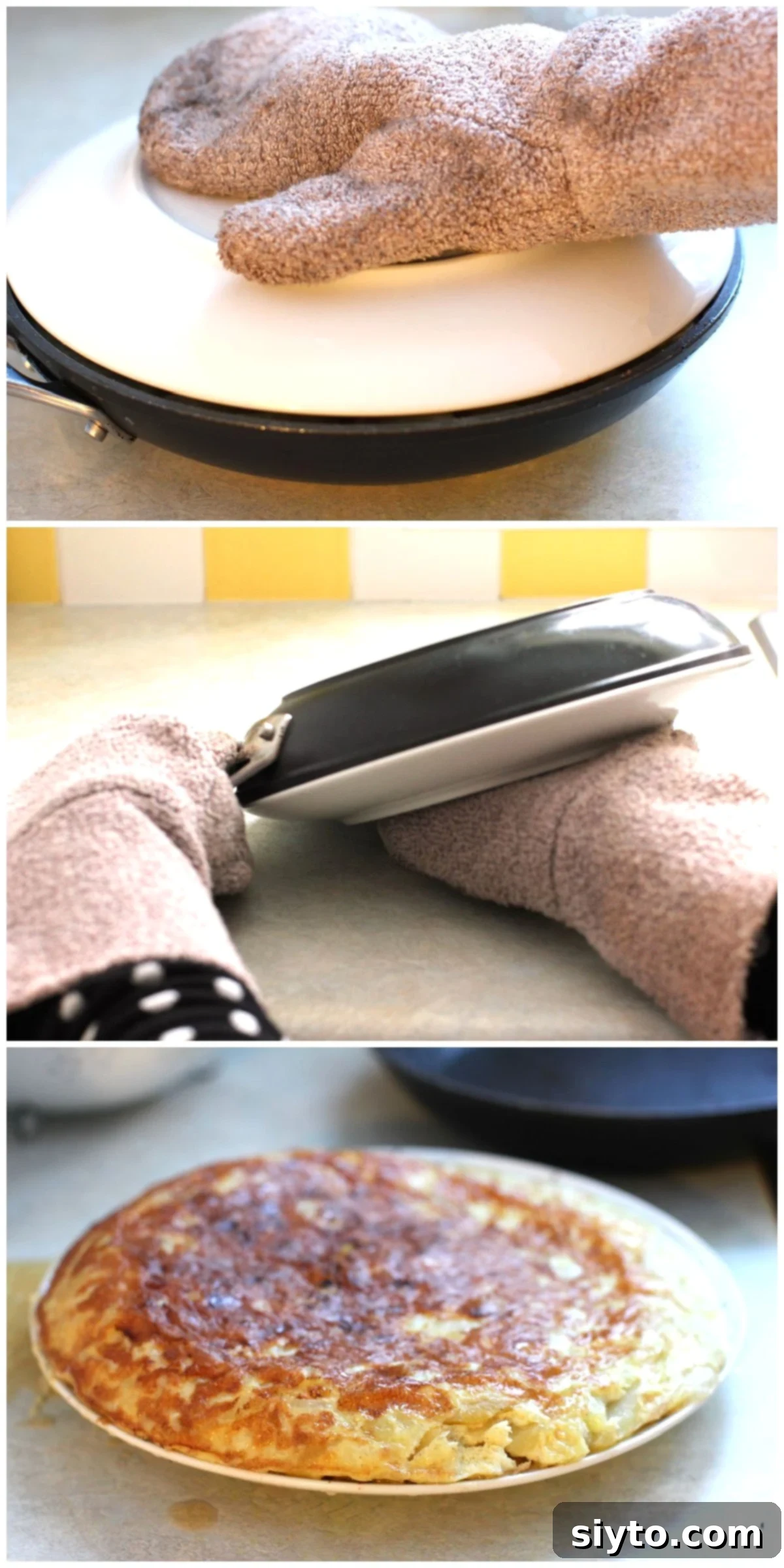 3 photo collage for how to flip a tortilla, hand on plate on top, flip over together, remove skillet from top