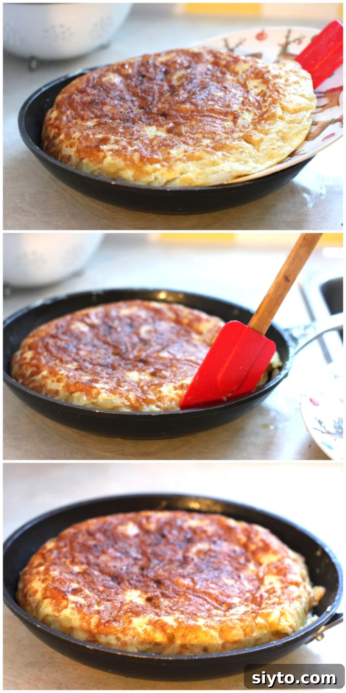 3 photo collage for cooking the second side of the tortilla.