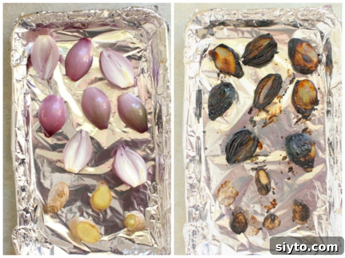 two photo collage, first one showing shallots and ginger in a foil-lined pan, second showing them blackened and charred from the broiler.