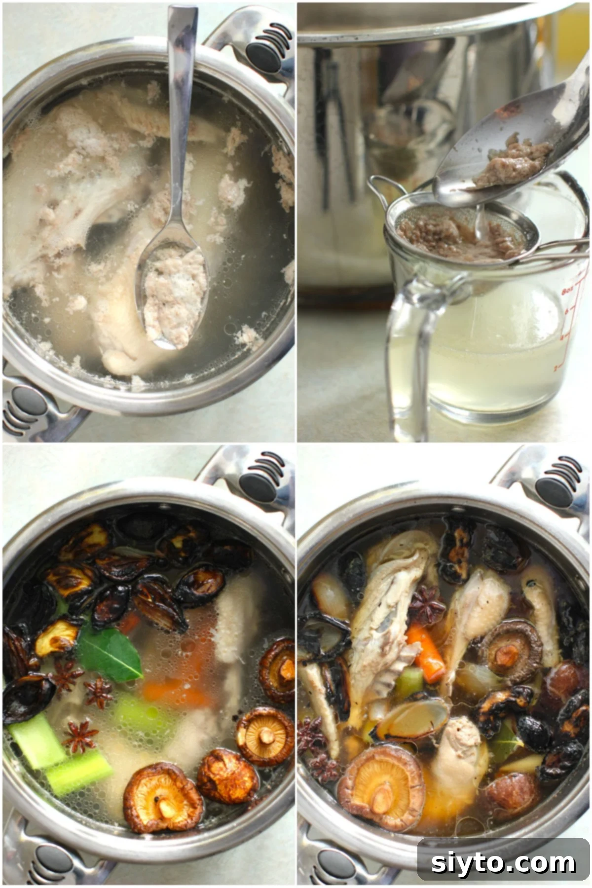 4 photos showing how to make a pho broth. chicken in water and skimming off the broth, straining the foam, adding the other ingredients, the cooked broth.