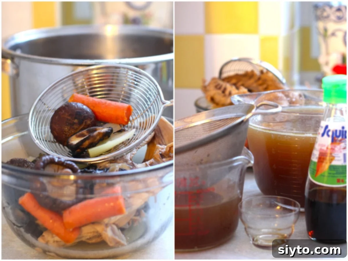 one photo showing scooping out the solids with a spider ladle, the other straining the broth and adding fish sauce