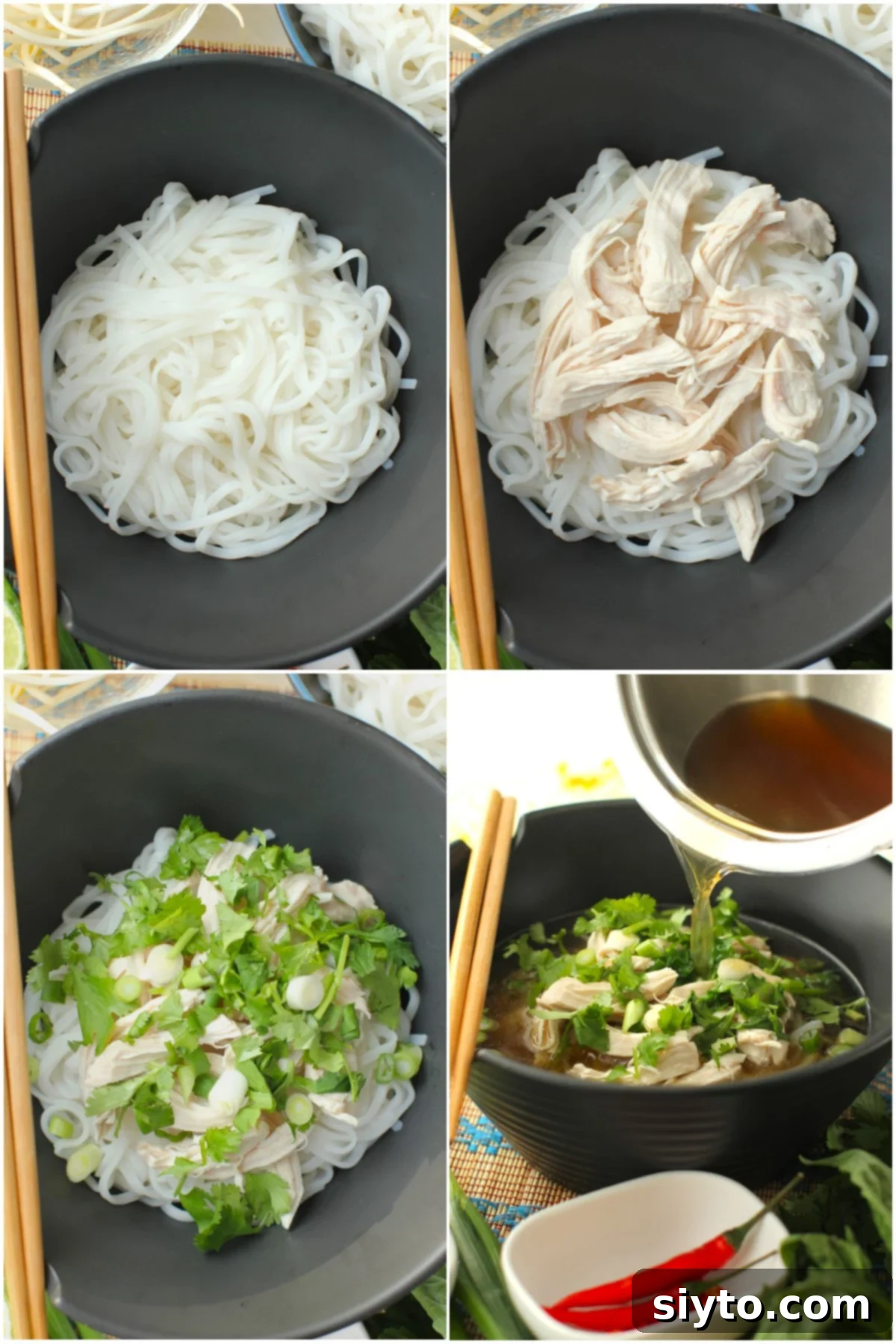 4 photos showing how to layer the soup in bowls; first noodles, then chicken, then herbs, then broth.