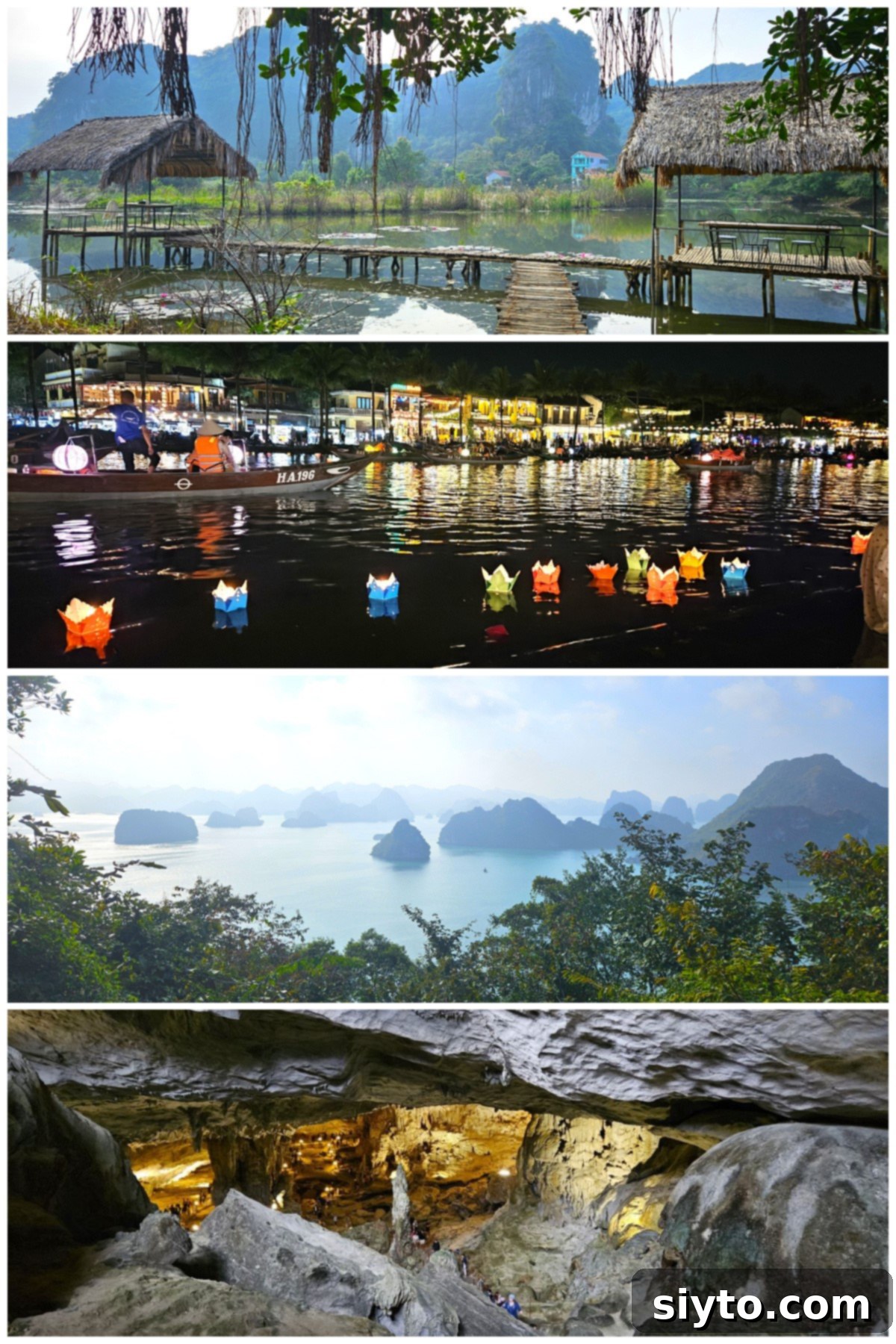 4 photo collage, top down: pond behind our hotel in Ninh Binh, paper lanterns in the water in Hoi An, view of Ha Long Bay from hilltop, inside the massive Surprise Cave.
