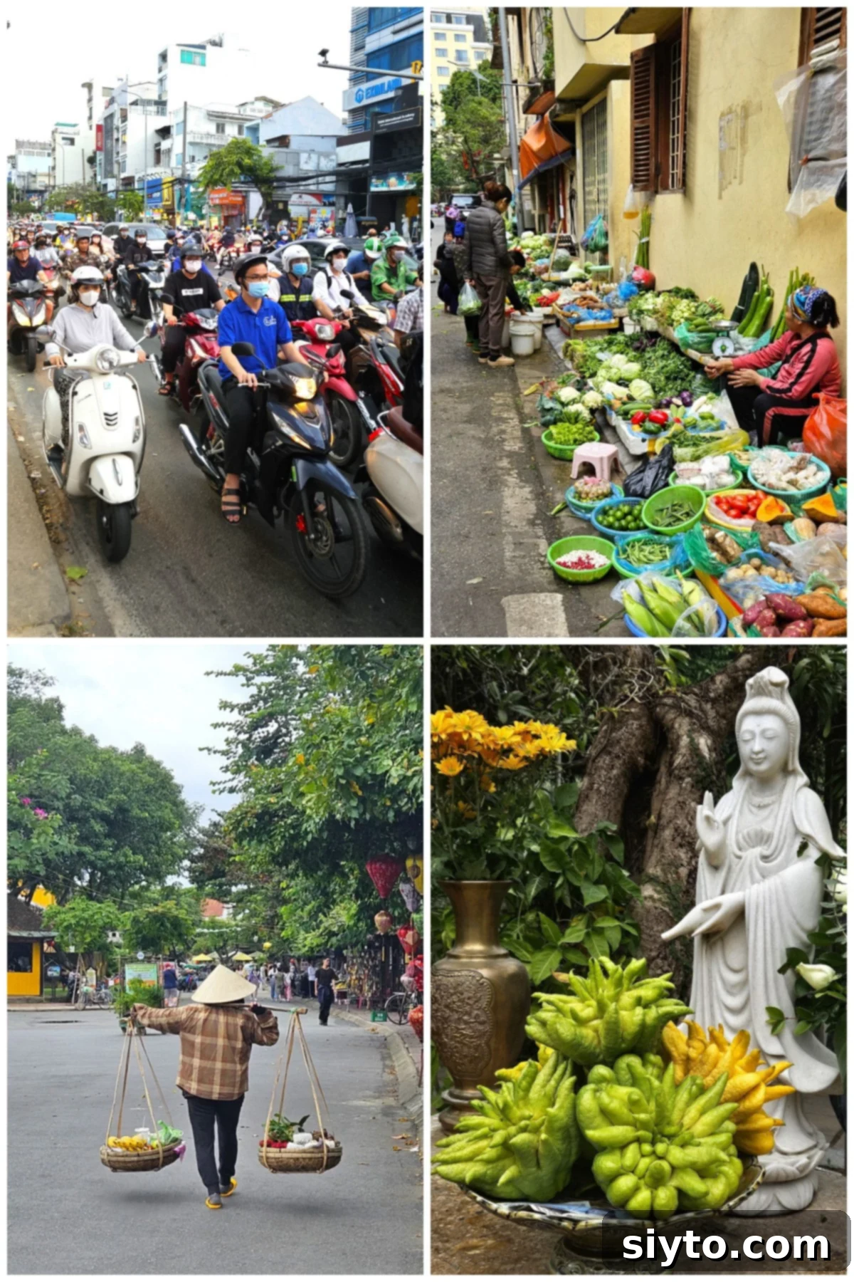 4 picture collage clockwise from top left: millions of motorbikes in Saigon, alley market in Hanoi, fruit seller in Hoi An, buddha's fingers offerings in temple in Hanoi.
