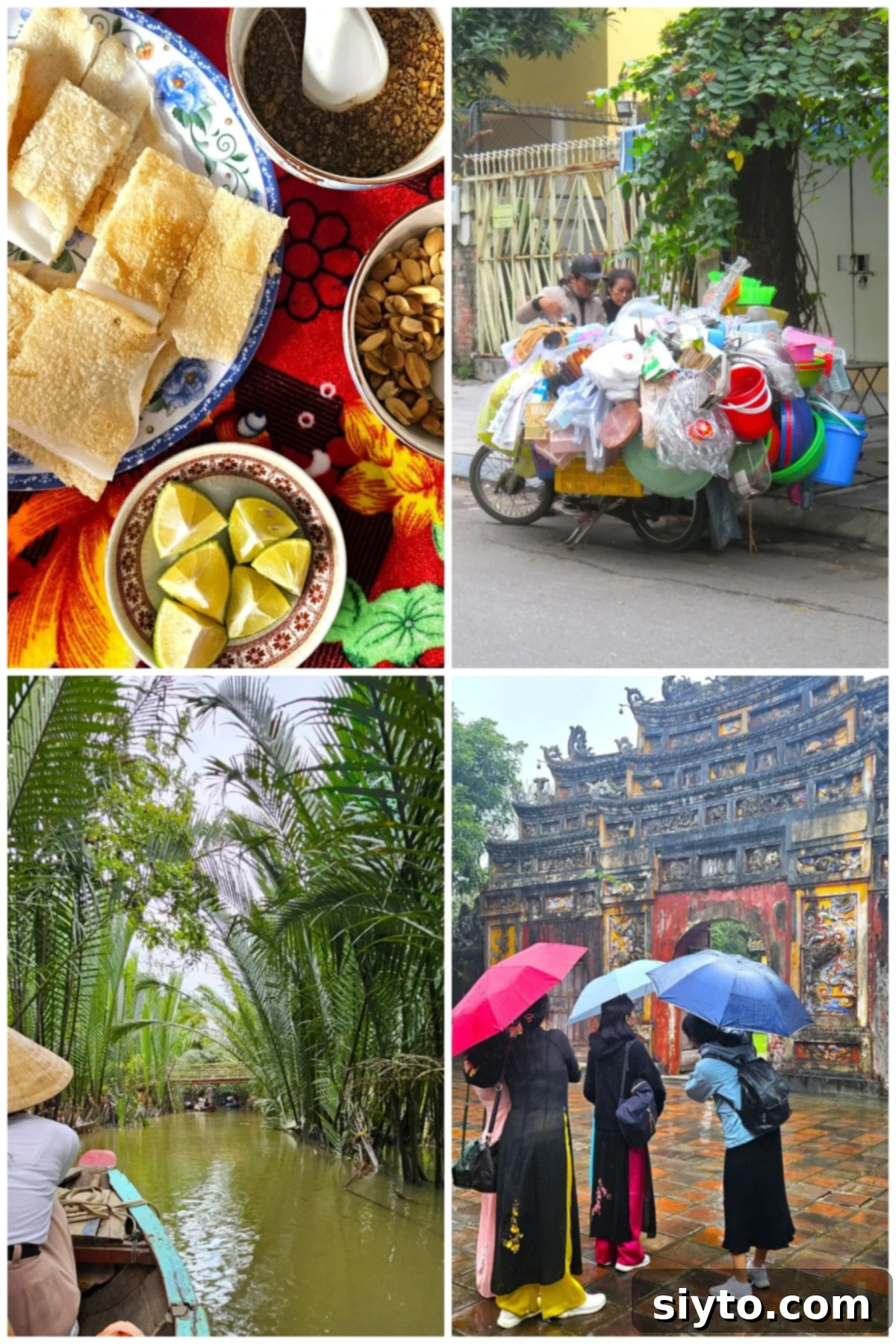 4 photo collage clockwise from top left: rice cakes meal at the noodle factory, loaded motorbike, umbrellas at the temple, sampan in the Mekong delta
