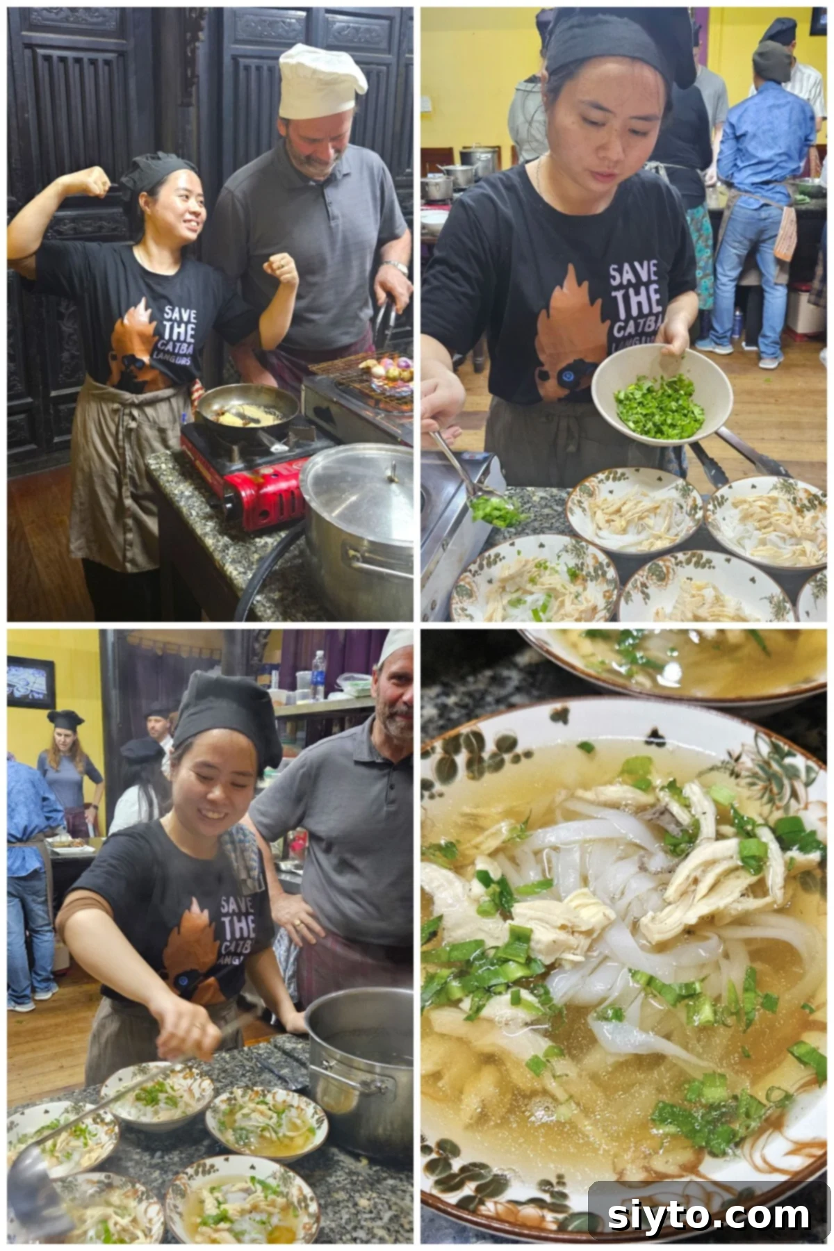 Collage of photos of making pho soup in cooking class in Hoi An, Vietnam.