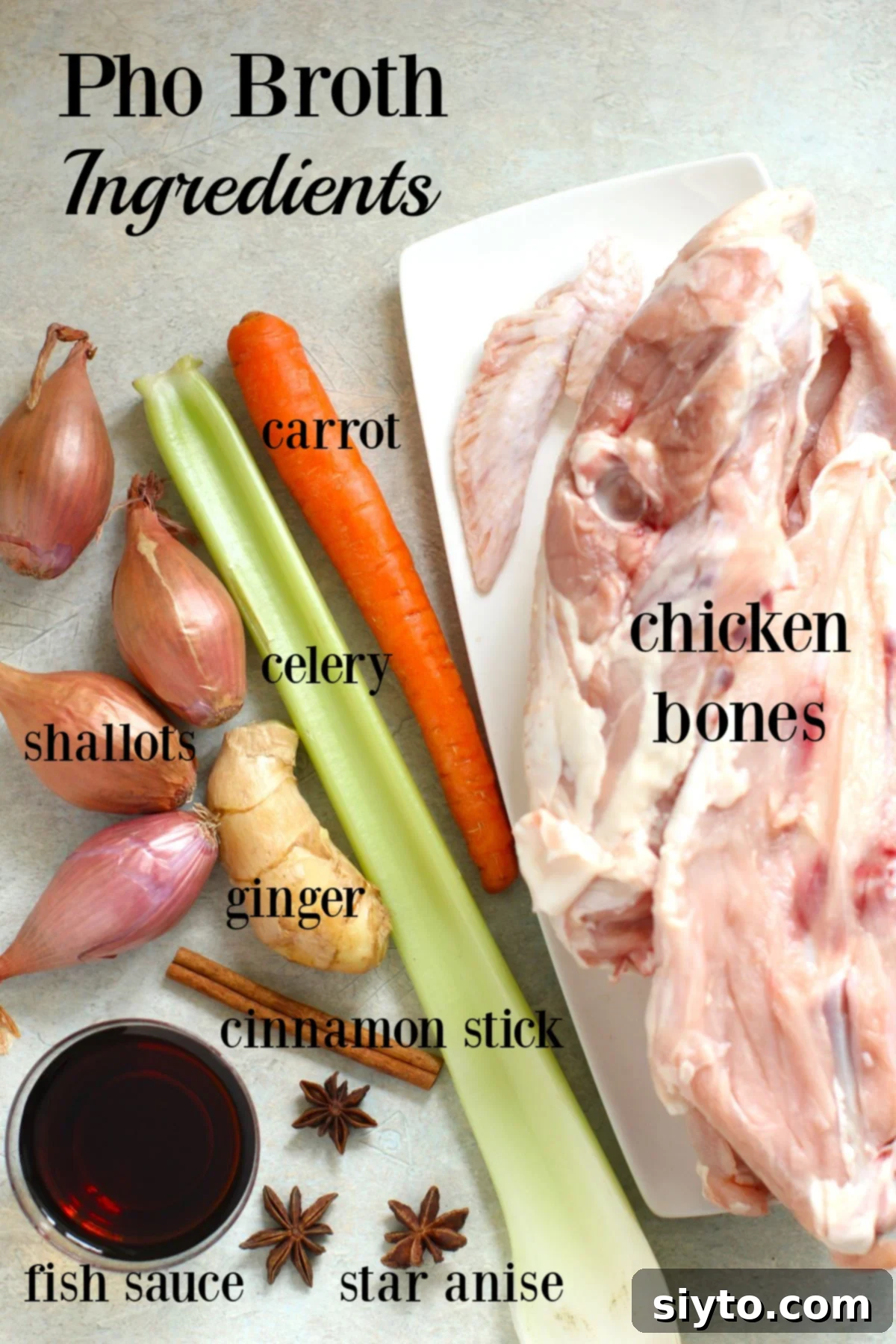 the ingredients needed for a quick chicken pho broth.