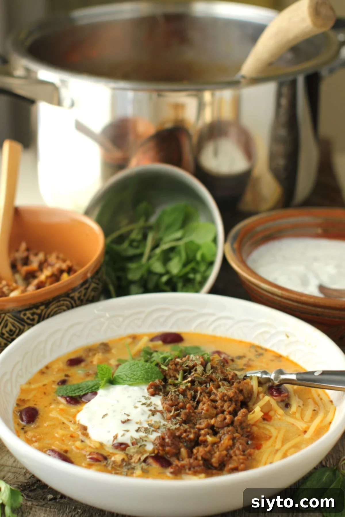 A beautifully presented white bowl of Aush Afghan noodle soup, topped with a dollop of creamy yogurt and a spoonful of richly spiced ground meat. In the background, a large soup pot hints at its comforting preparation, surrounded by small bowls of fresh toppings ready to be added.