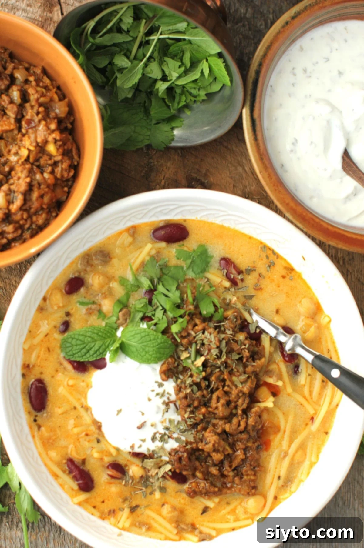 A captivating top-down view of a generous bowl of Aush Afghan noodle soup, invitingly presented with small, colorful bowls of fresh toppings arranged artfully around it. This imagery emphasizes the customizable and communal aspect of enjoying this comforting dish.