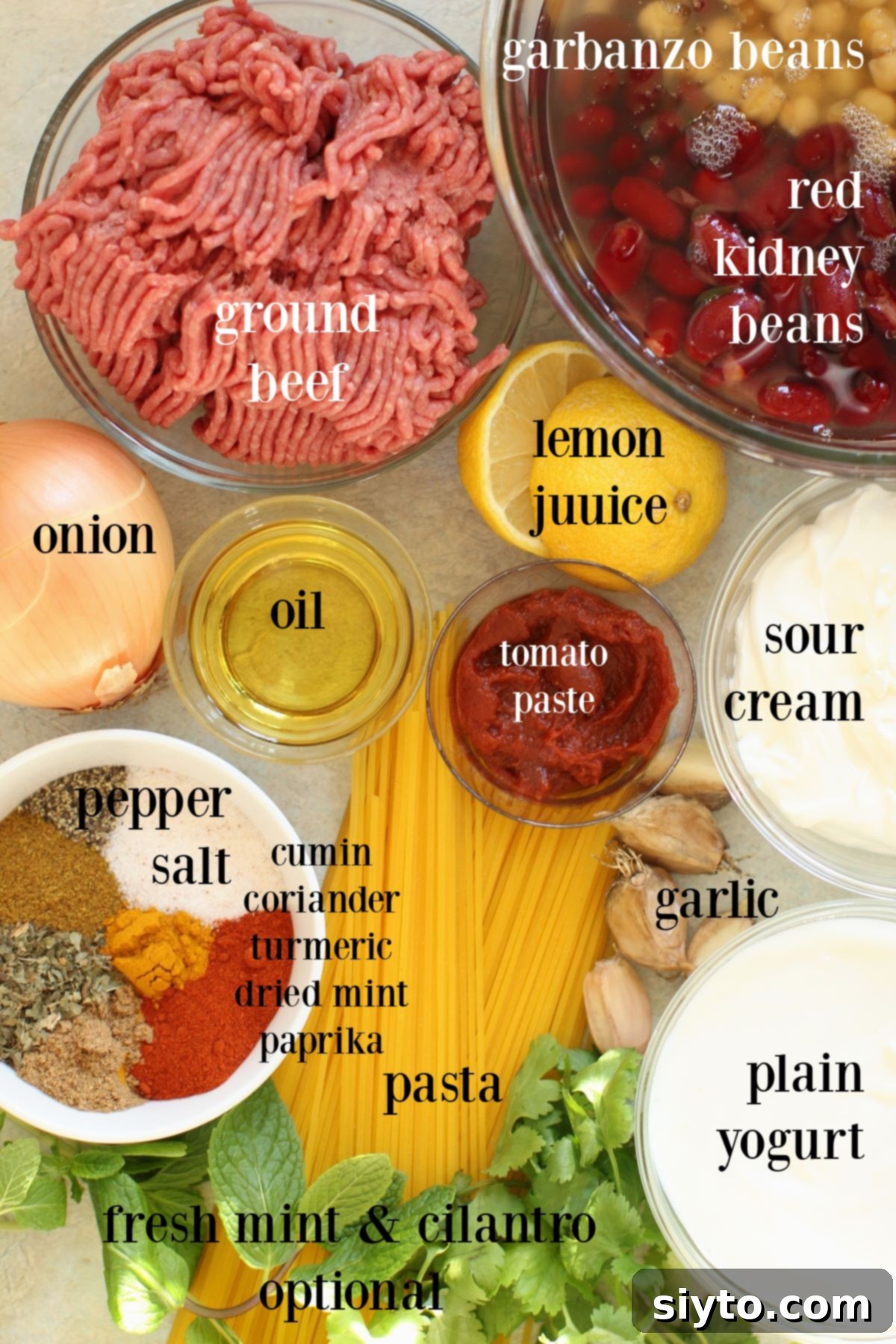 A comprehensive photo showcasing all the labeled ingredients required to prepare Aush Afghan noodle soup, neatly arranged and ready for cooking. This visual guide helps cooks gather everything needed before starting the recipe.