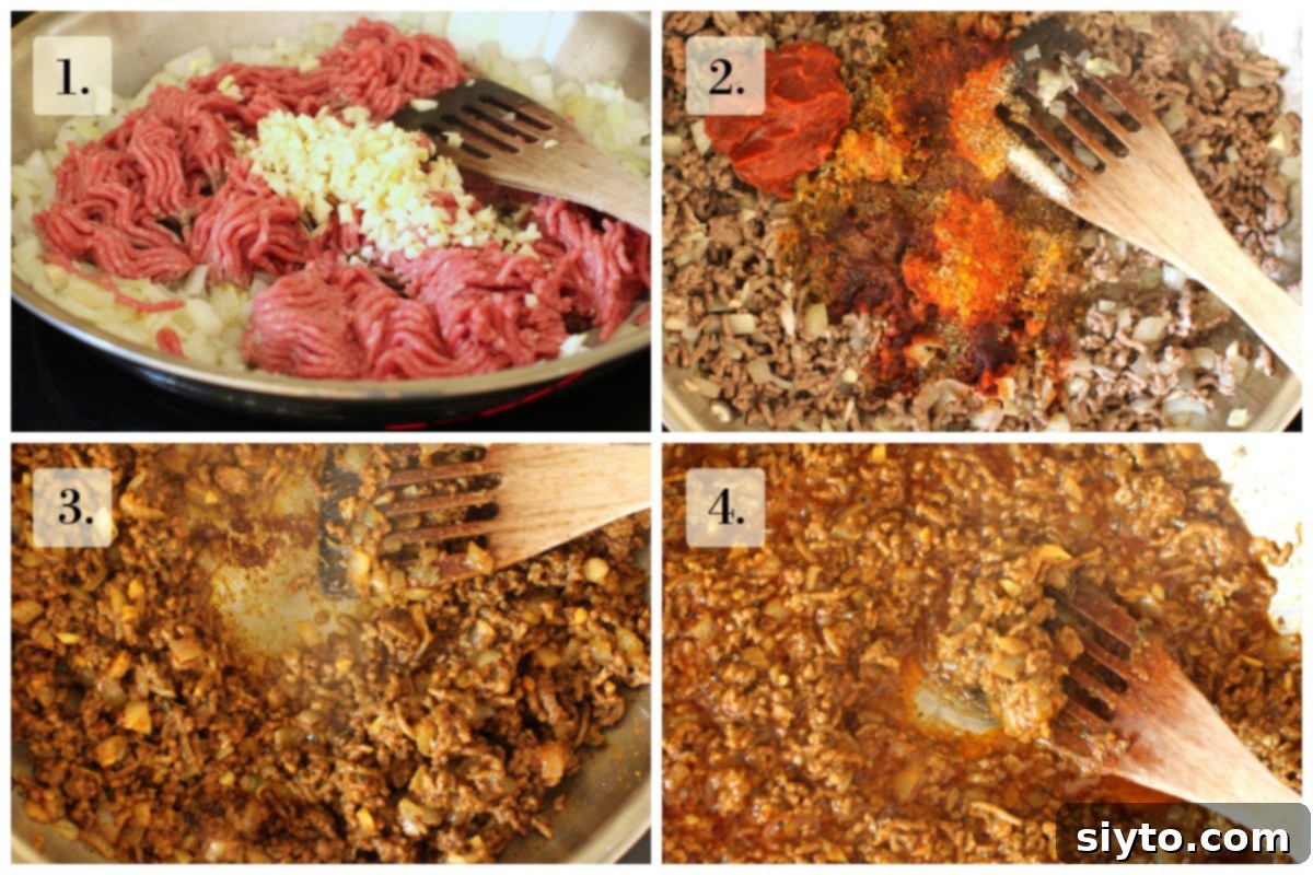 A four-photo collage illustrating the step-by-step process of making the flavorful meat sauce for Aush. Images show: 1. cooking onions until soft, 2. adding ground meat and minced garlic, 3. incorporating tomato paste and spices and cooking until caramelized, and 4. adding liquid and simmering to a thick, soupy consistency.