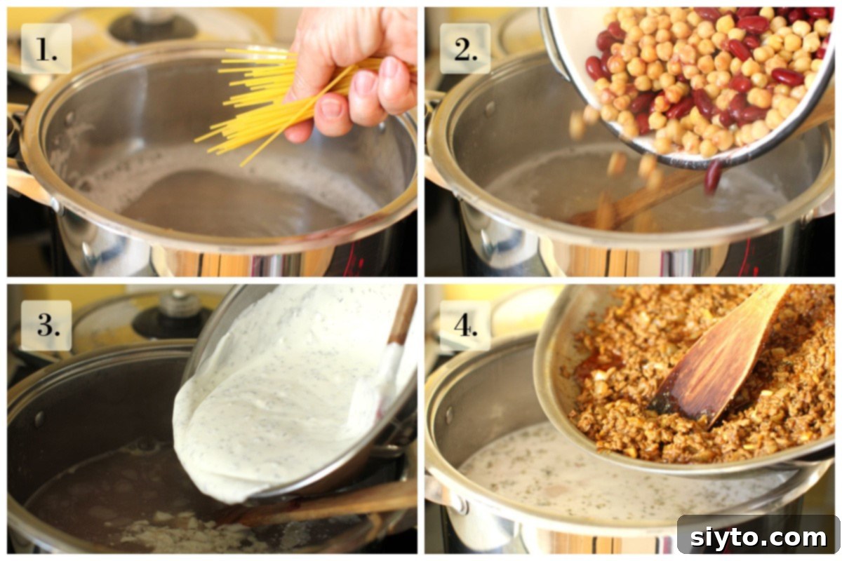 A four-photo collage demonstrating the assembly of the Aush soup base. Images depict: 1. adding broken spaghetti to boiling salted water, 2. incorporating canned beans halfway through cooking, 3. stirring in half of the creamy yogurt sauce, and 4. mixing in half of the spiced meat sauce, creating a rich and inviting soup.