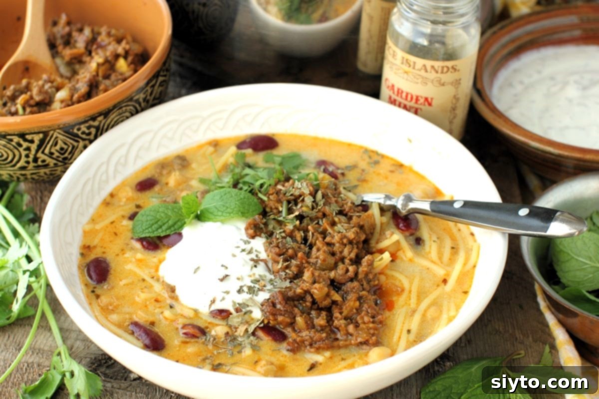 A tantalizing close-up of a steaming bowl of Aush Noodle Soup, perfectly garnished with creamy yogurt and spiced meat, ready to be enjoyed. In the soft-focus background, a jar of dried mint, a key ingredient, adds a subtle hint of the soup's aromatic essence.