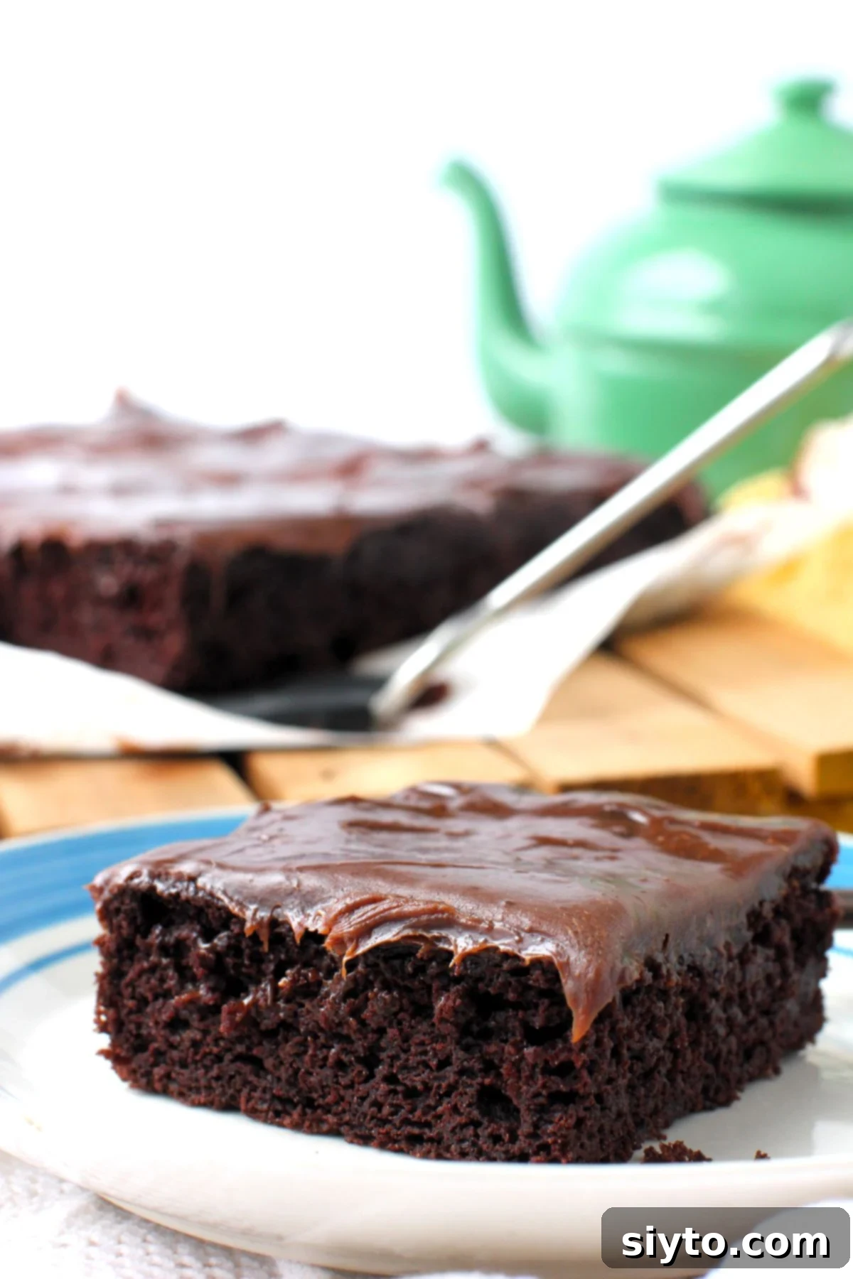 A square of rich red wine chocolate cake on a blue-rimmed plate, with more cake on parchment paper in the background.