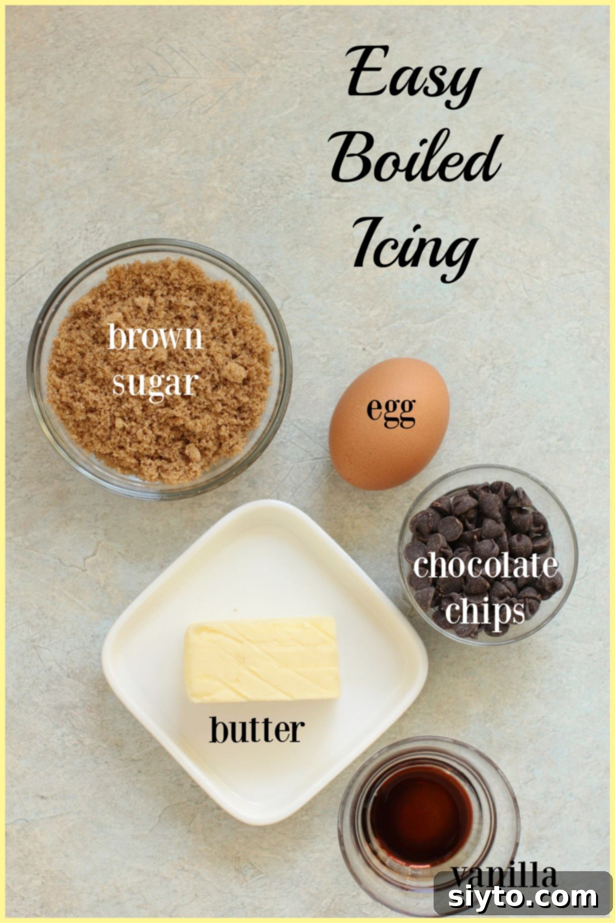 The five essential ingredients for the easy boiled caramel-chocolate frosting: brown sugar, egg, diced butter, vanilla extract, and chocolate chips.