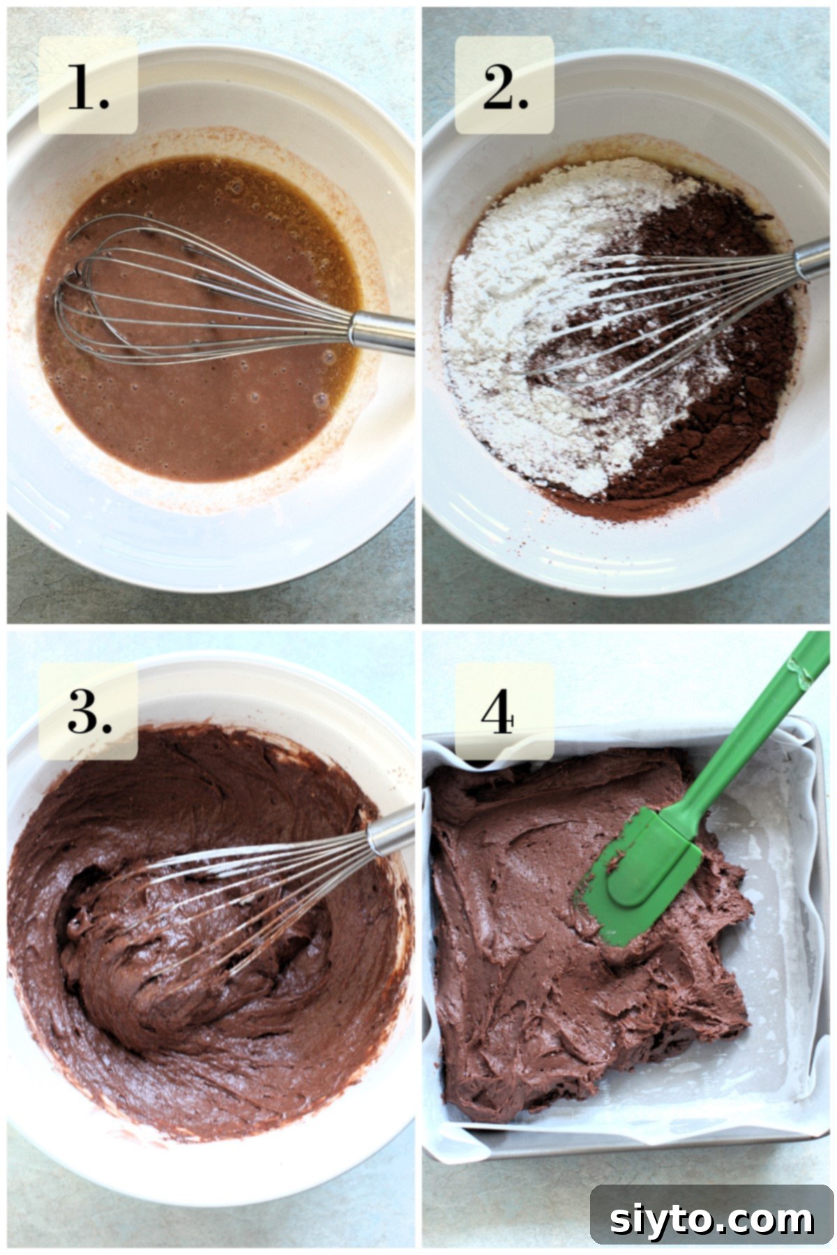 A 4-photo collage showing the step-by-step process of making the chocolate red wine cake batter: whisking wet ingredients, adding dry, stirring, and spreading into the pan.