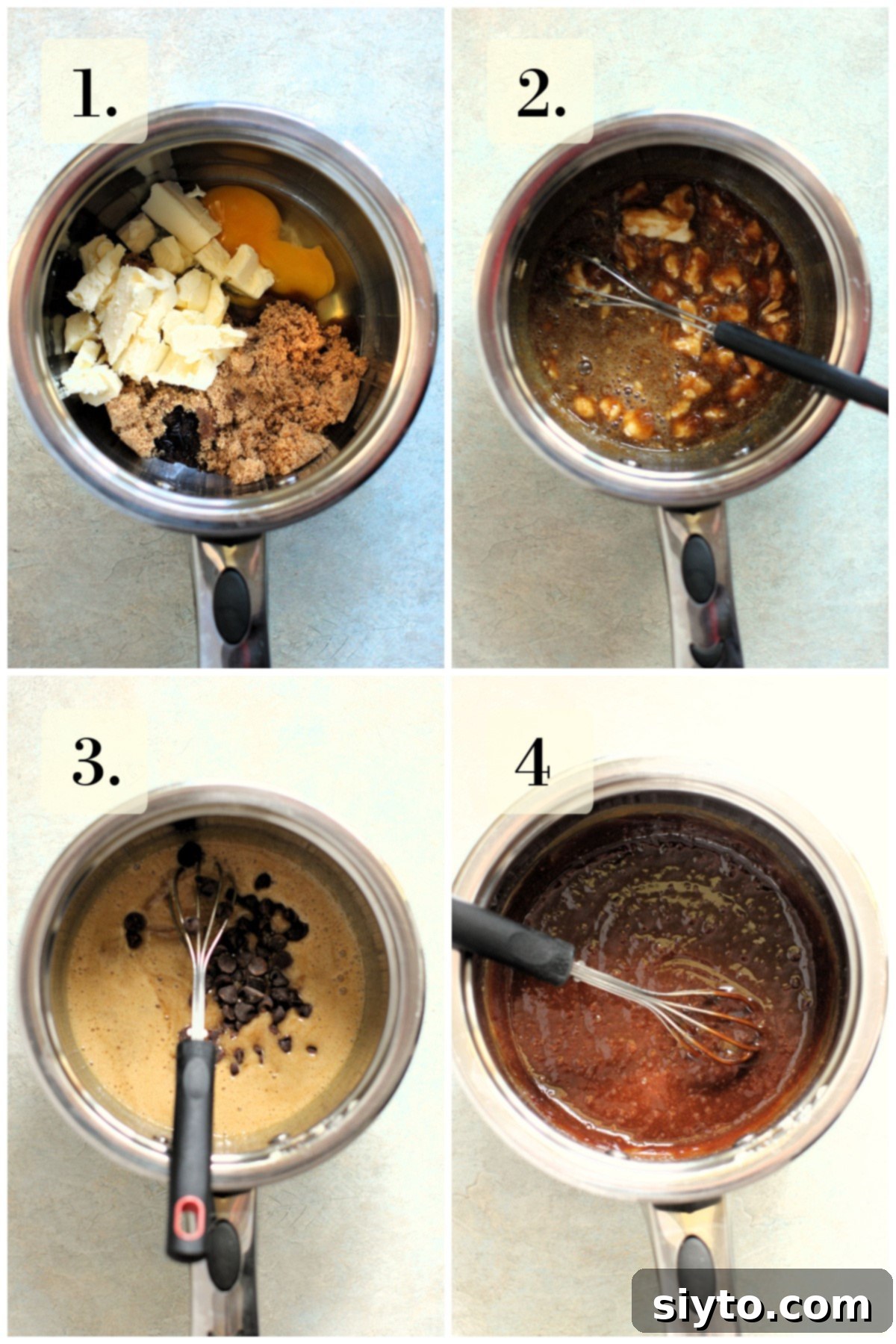 A 4-photo collage demonstrating the process of making the easy boiled caramel-chocolate frosting in a saucepan.
