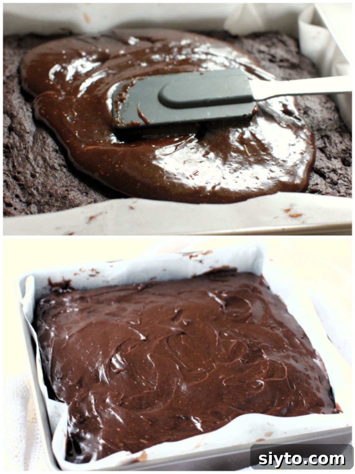 A 2-photo collage showing the process of spreading frosting onto the cooled cake and then the cake chilling to set the frosting.
