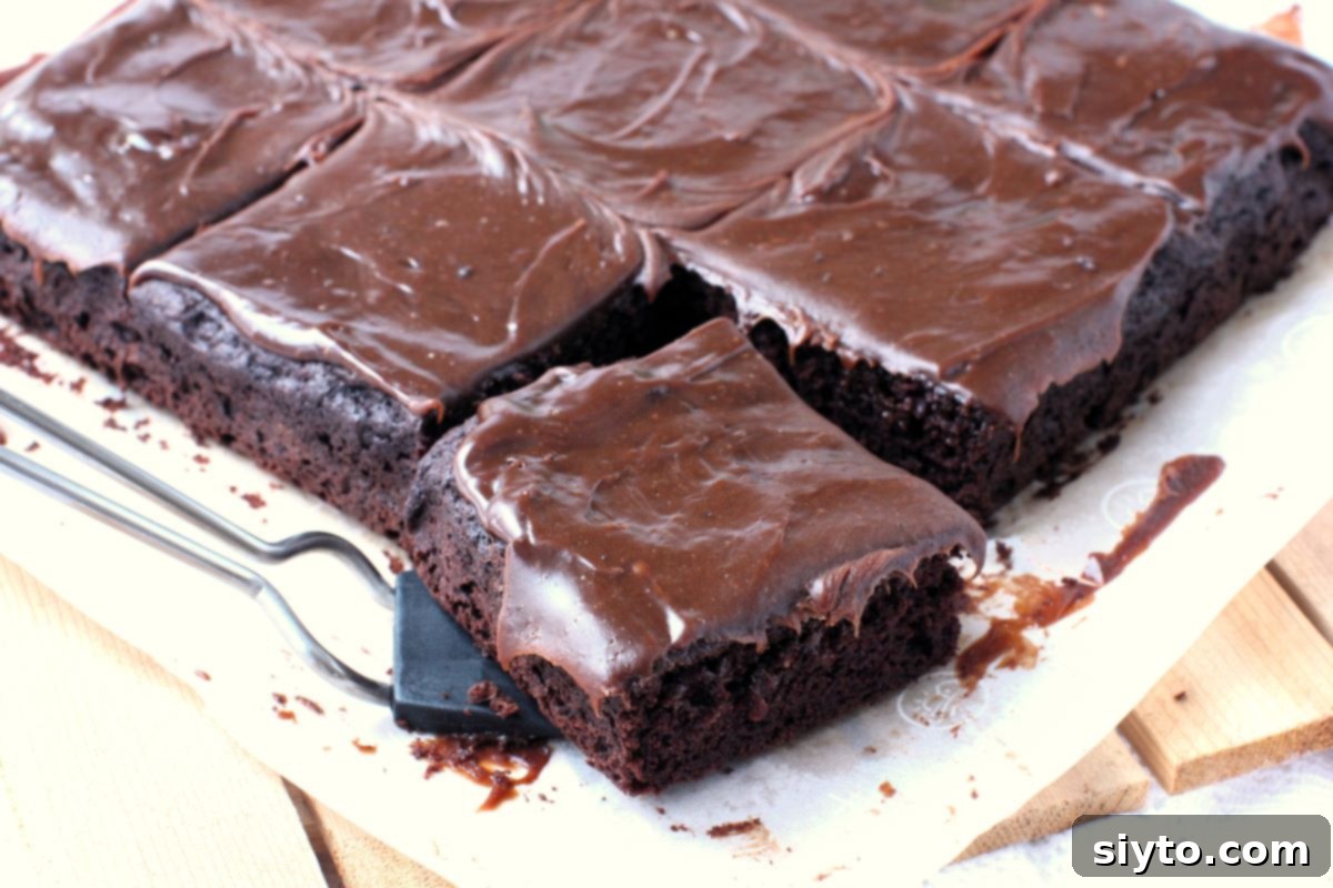 Close-up view of the perfectly cut squares of red wine chocolate cake, showcasing the rich chocolate texture and fudgy frosting.