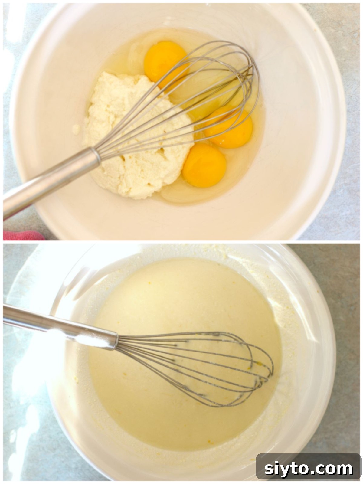 Fluffy Lemon Ricotta Pancakes 5 2-photo collage. Top: eggs and ricotta in mixing bowl. Bottom: whisked up to a smooth liquid. Whisk in bowl.