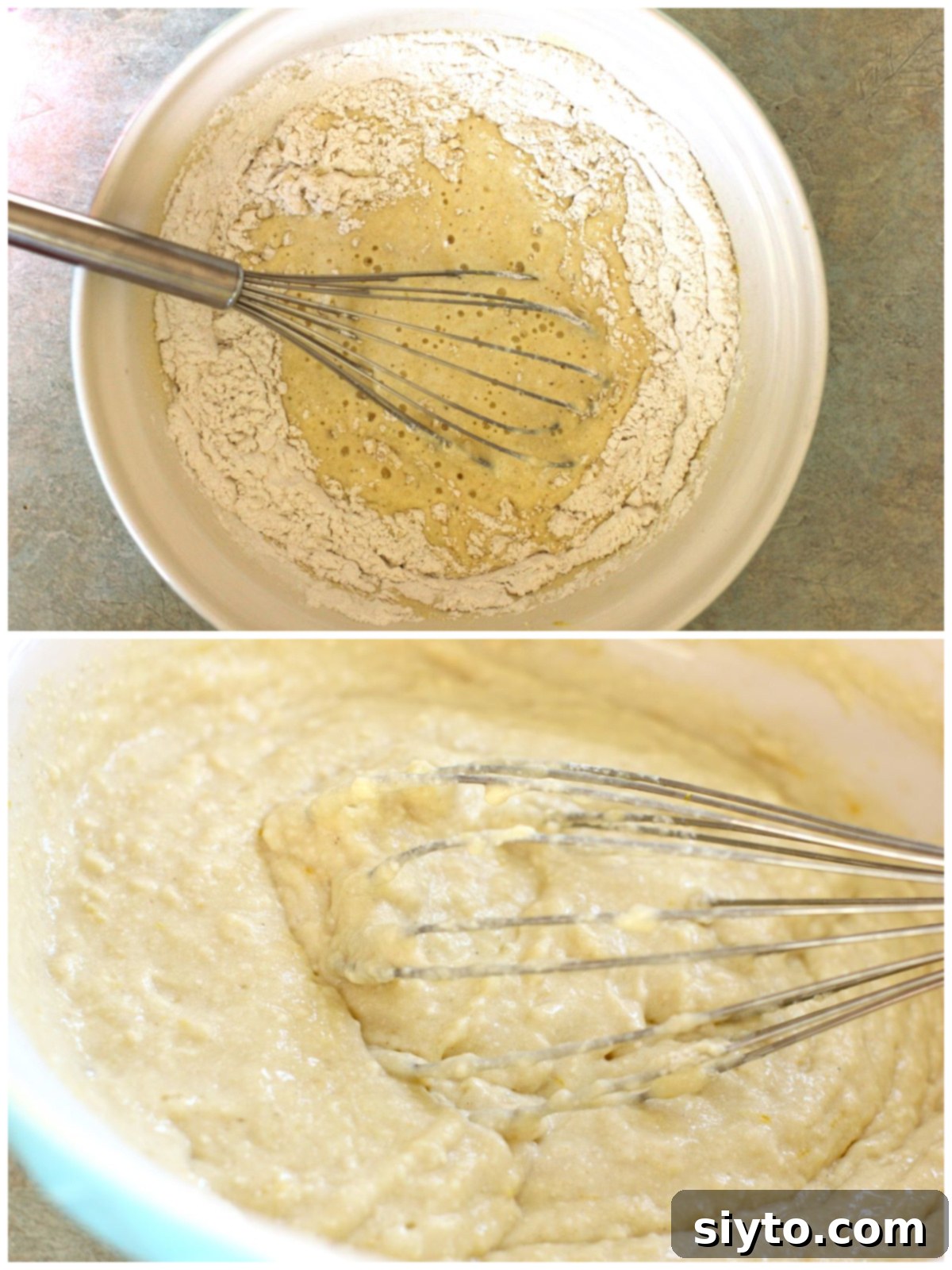 Fluffy Lemon Ricotta Pancakes 6 2 photo collage. Top: dry ingredients added to wet, in bowl with whisk. Bottom: pancake batter mixed and ready, with whisk in bowl, showing the slightly lumpy texture.