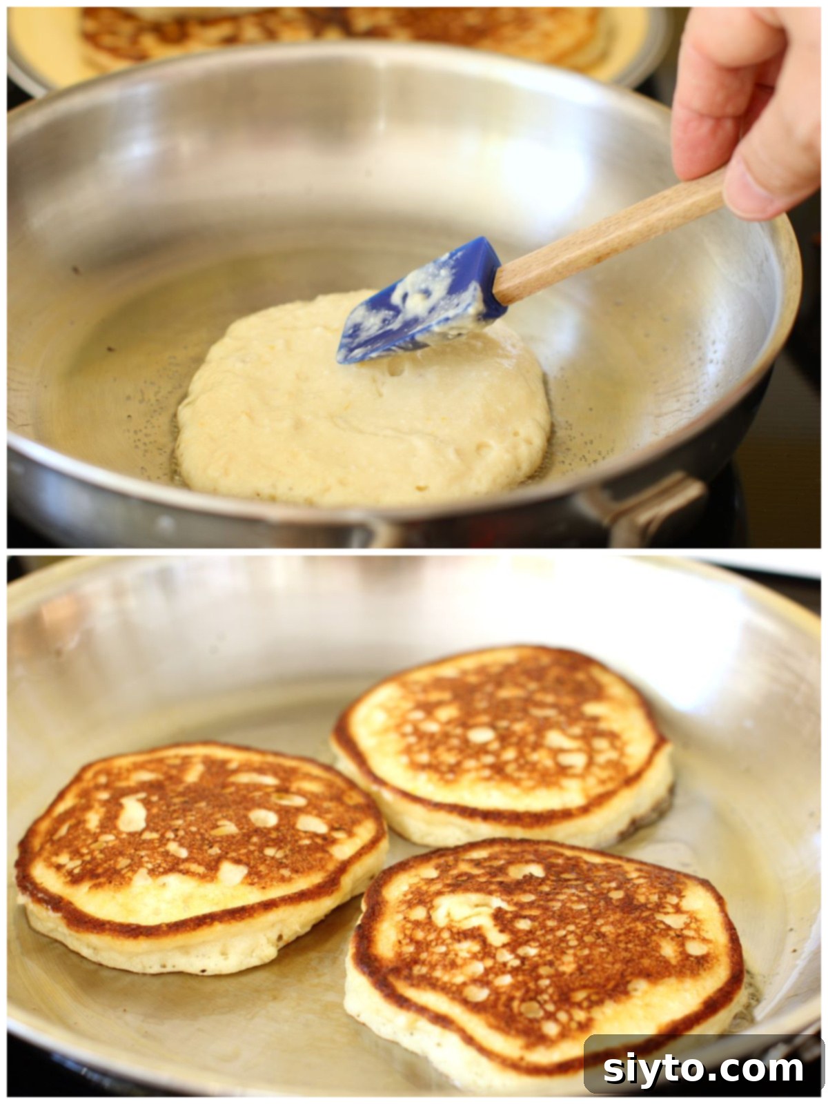 Fluffy Lemon Ricotta Pancakes 7 2 photo collage. Top: spreading the pancake batter into a circle in the pan with a small whisk. Bottom: 3 pancakes in stainless steel pan, nicely browned on top.
