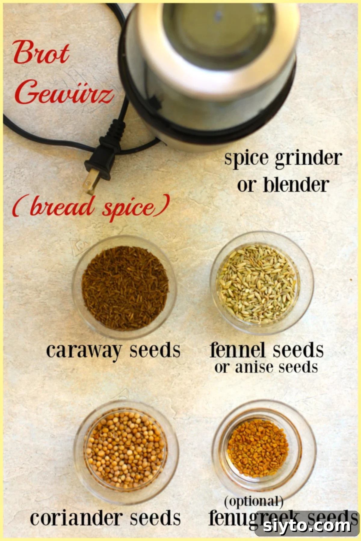 top down look at the ingredients for Brot Gewürz - four little bowls with different spice seeds in them, spice grinder at top, all labeled.