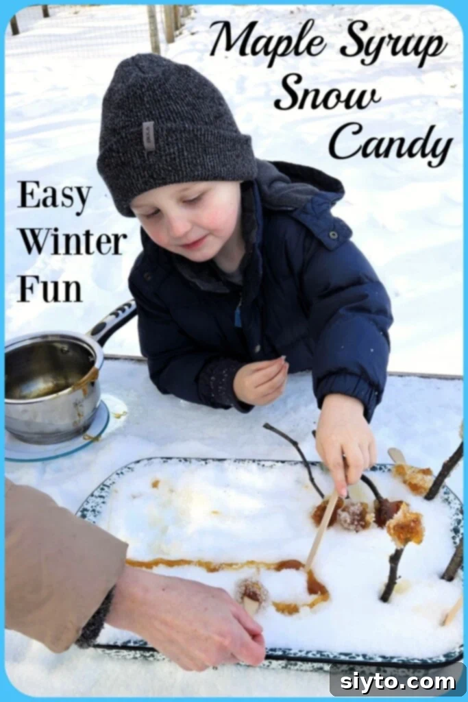 A vibrant maple syrup snow candy banner featuring Caleb actively making the candy, capturing the essence of this fun winter activity.