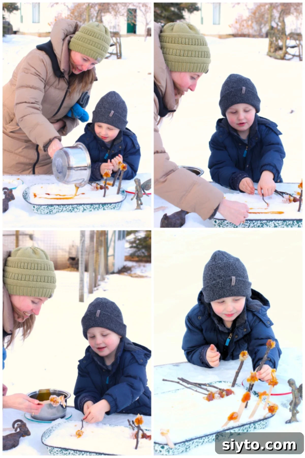 Oschean and Caleb joyfully making maple syrup snow candy together. The image captures the process of pouring the hot syrup onto packed snow and rolling it up with sticks.