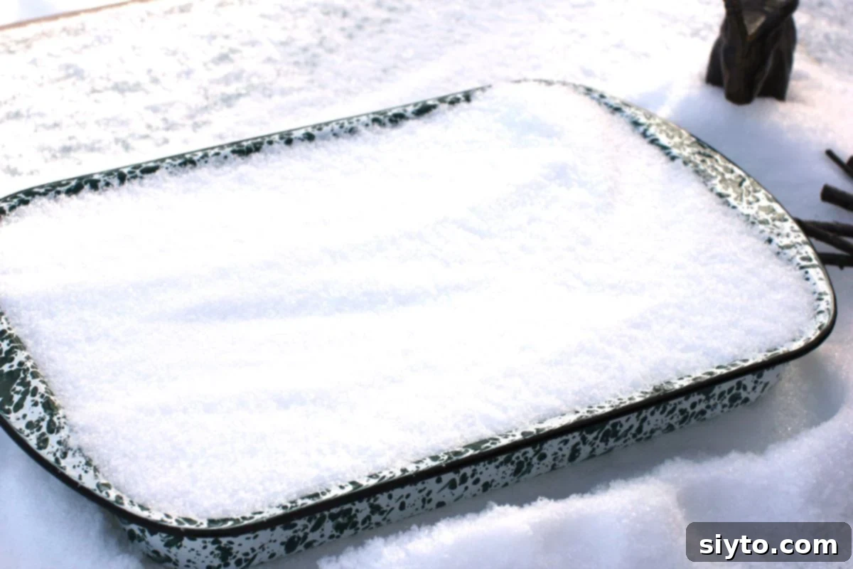 A large baking pan carefully filled with clean, white snow, ready for making maple syrup snow candy.