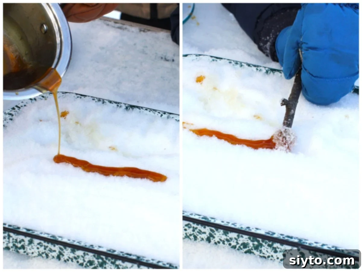 Two side-by-side photos. The left image shows hot maple syrup being poured in thin trails onto a pan of snow. The right image shows a hand rolling up the hardening syrup onto a wooden stick to form a lollipop.