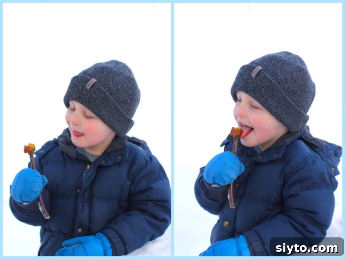 Two sequential photos of Caleb: first, looking curiously at his freshly made snow candy, then happily licking it.