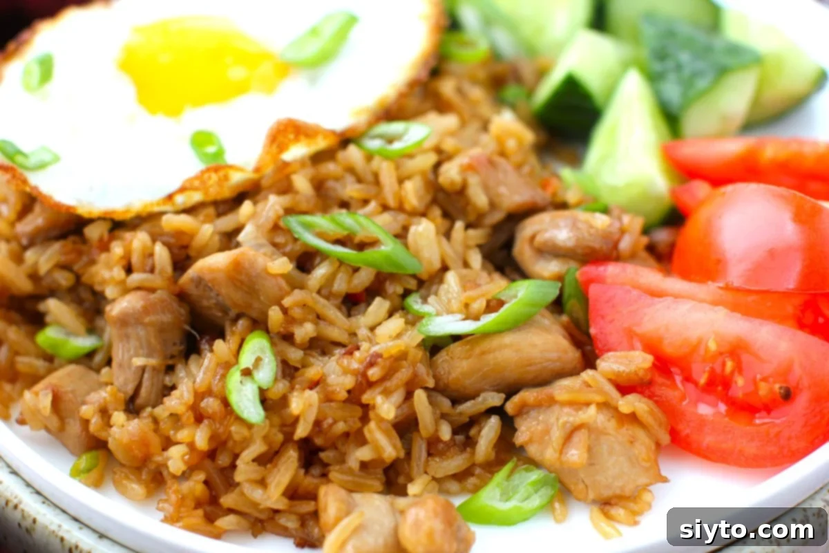 Indonesian Fried Rice Nasi Goreng 4 close-up of plate of fried rice with egg, cucumber, and tomatoes.