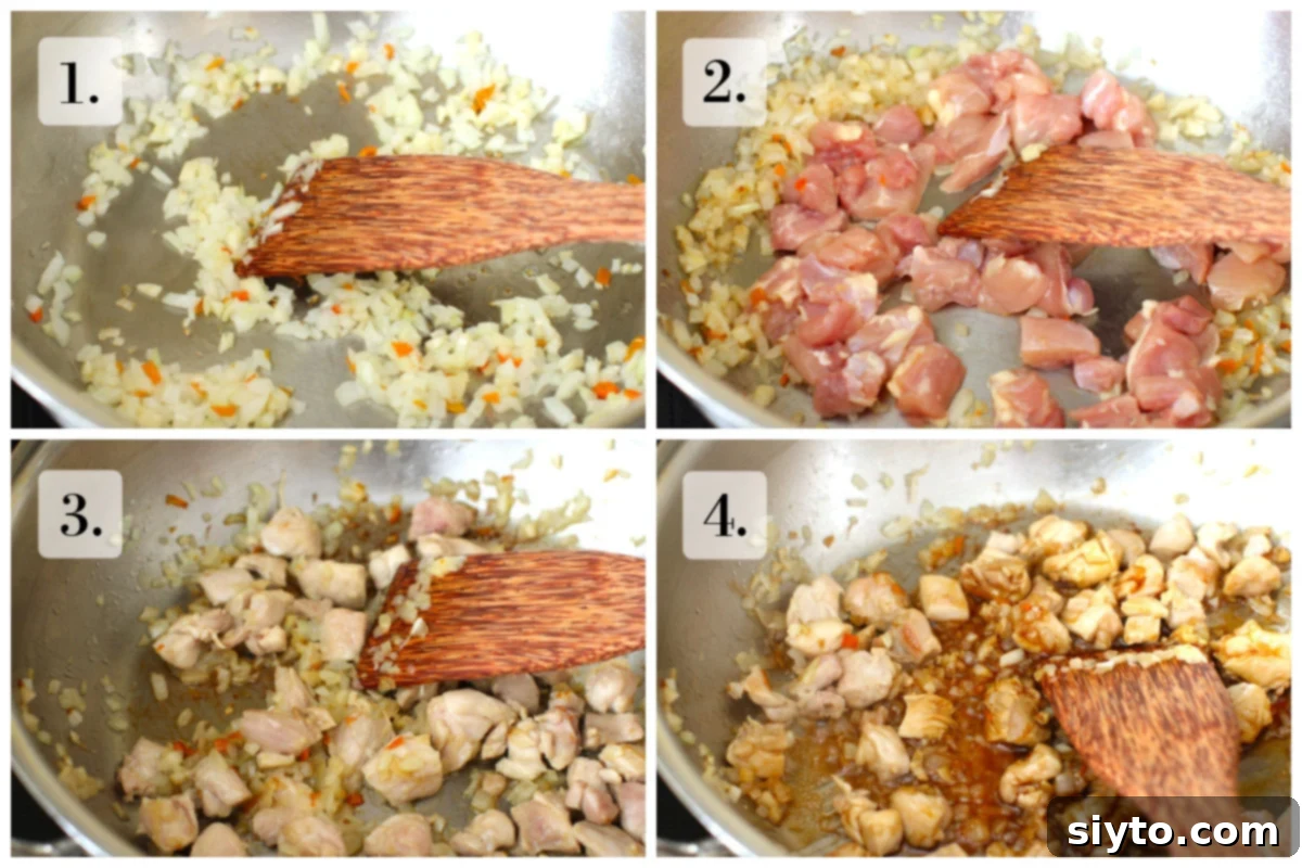 Indonesian Fried Rice Nasi Goreng 5 4 photo collage for making nasi goreng, cooking onions and garlic, adding meat, cooking meat, adding ketjap manis.