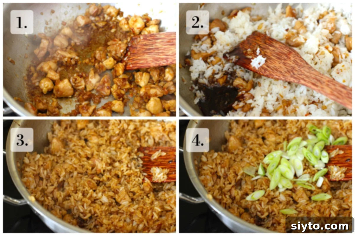 Indonesian Fried Rice Nasi Goreng 6 4 photo collage for making nasi goreng, caramelizing the meat, adding the rice and more ketjap manis, stirring to coat the rice, adding green onions.