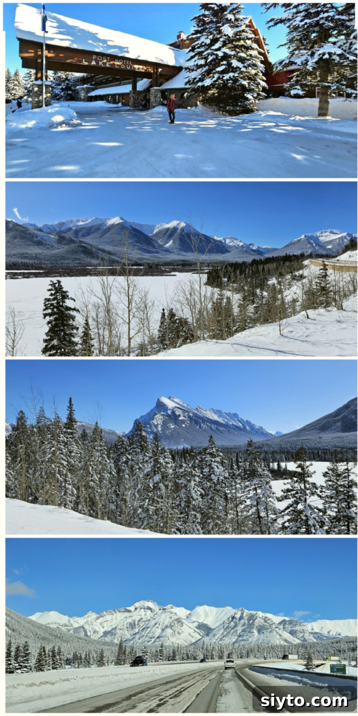 Sweet Bites Snowy Sleds: Lake Louise Adventures 12 A four-photo collage capturing various mountain scenes: a sunny morning at the Post Hotel, a view of the frozen lake from the highway, majestic mountains under a blue sky, and snowy roads on the drive home.