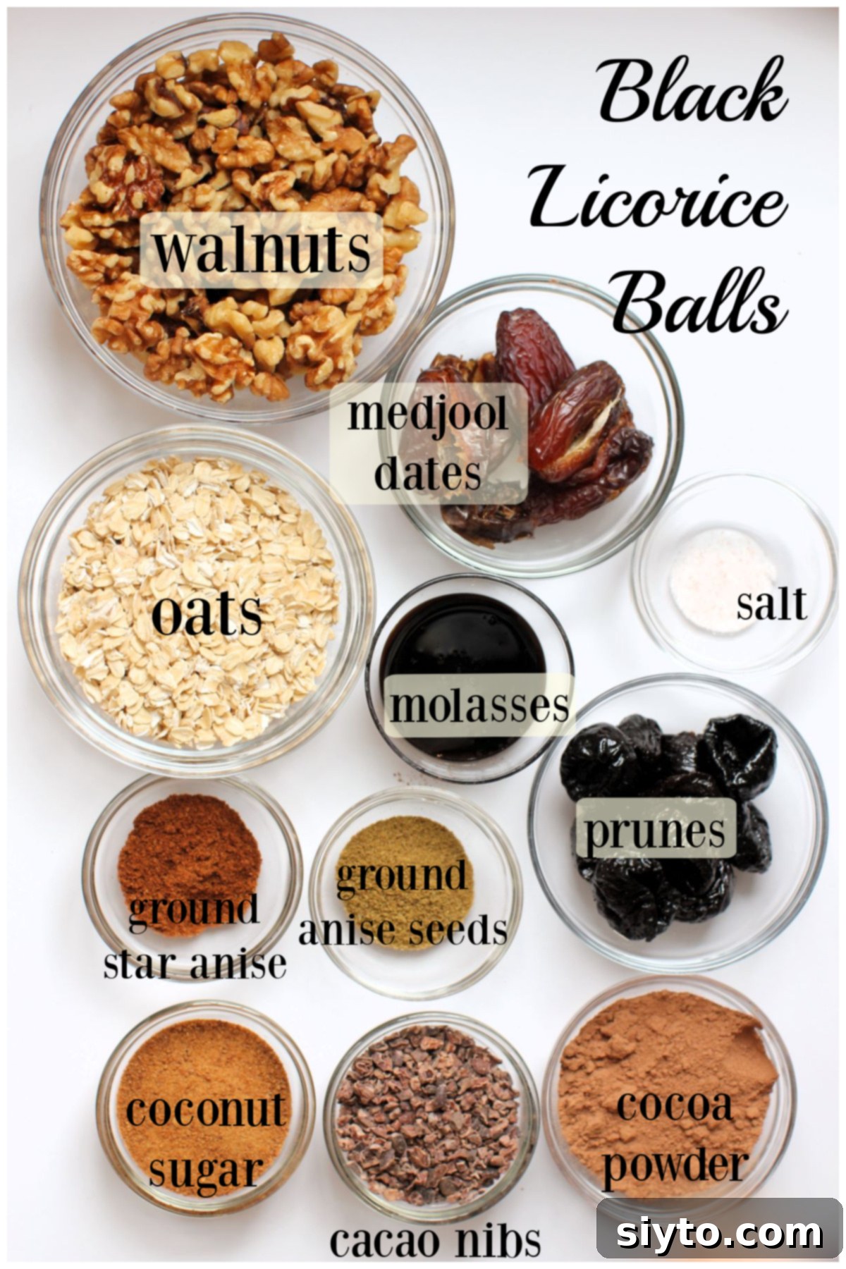 Sweet Bites Snowy Sleds: Lake Louise Adventures 14 Labeled bowls displaying the essential ingredients for making black licorice balls, neatly arranged.