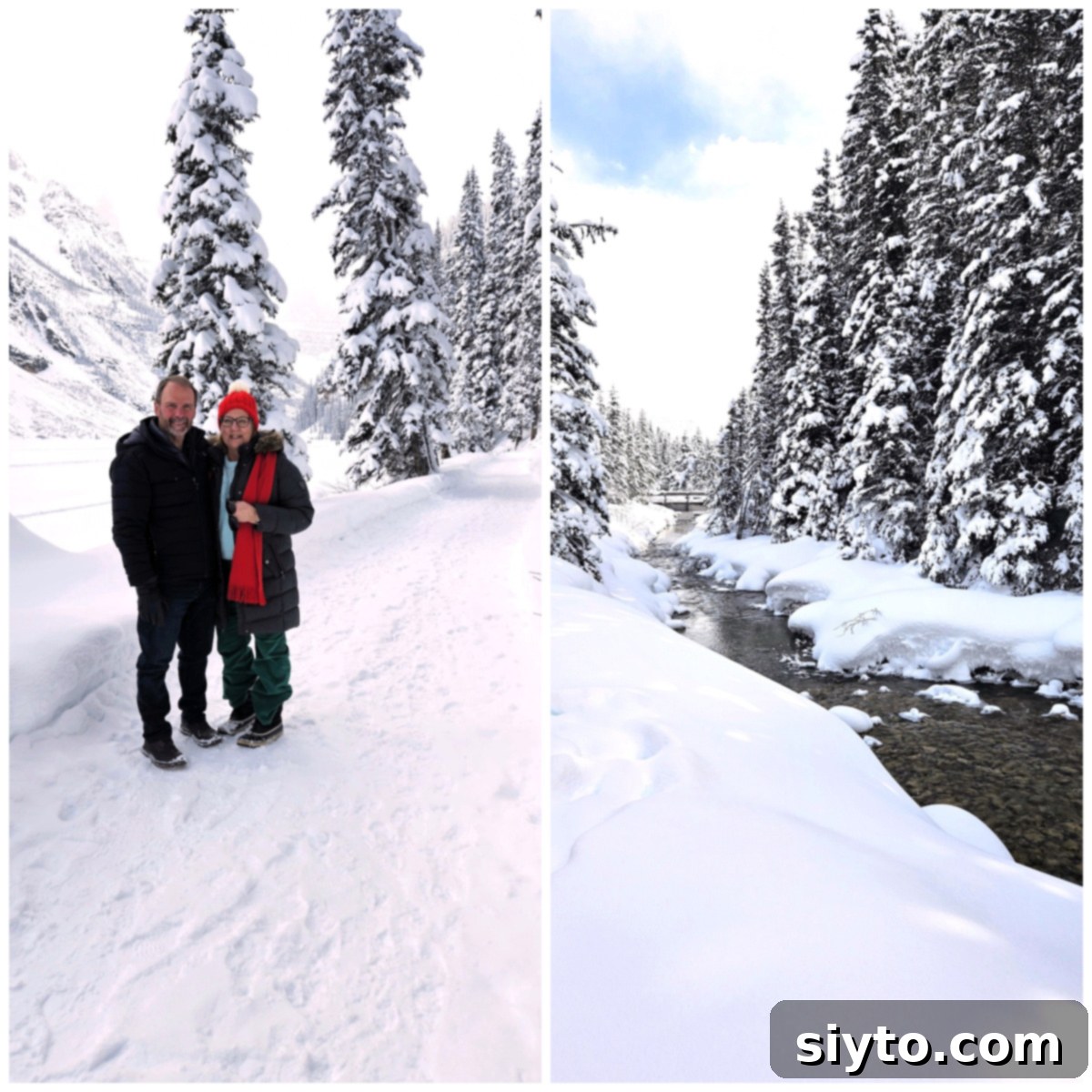 Sweet Bites Snowy Sleds: Lake Louise Adventures 4 A two-photo collage: the left image shows Raymond and the author on a snowy walk around Lake Louise, while the right image features a clear mountain stream flowing through the snow.