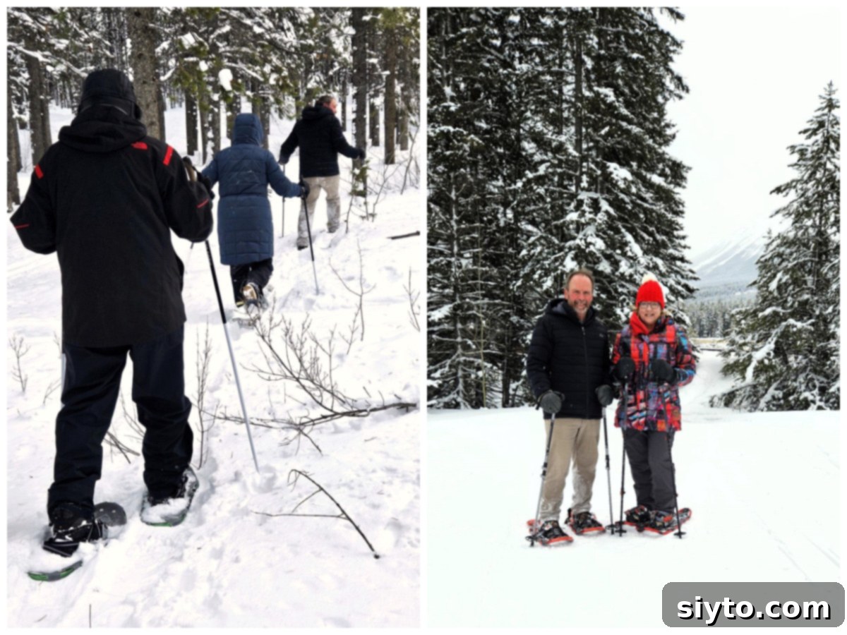 Sweet Bites Snowy Sleds: Lake Louise Adventures 8 A two-photo collage: the left image shows three people snowshoeing through a dense forest, while the right image depicts Raymond and Margaret happily posing with their snowshoes in the snow.