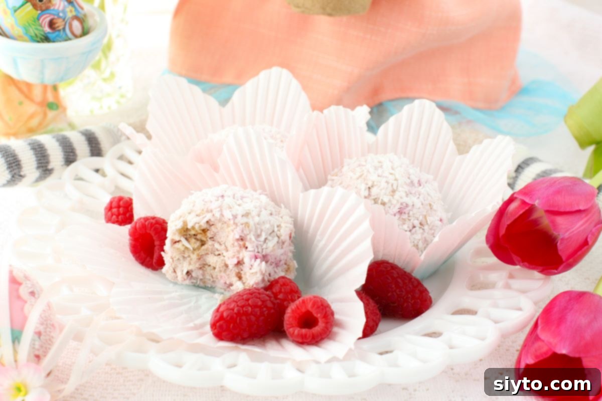 Raspberry Snowballs 3 Raspberry Schneeballen on a white plate with fresh raspberries.