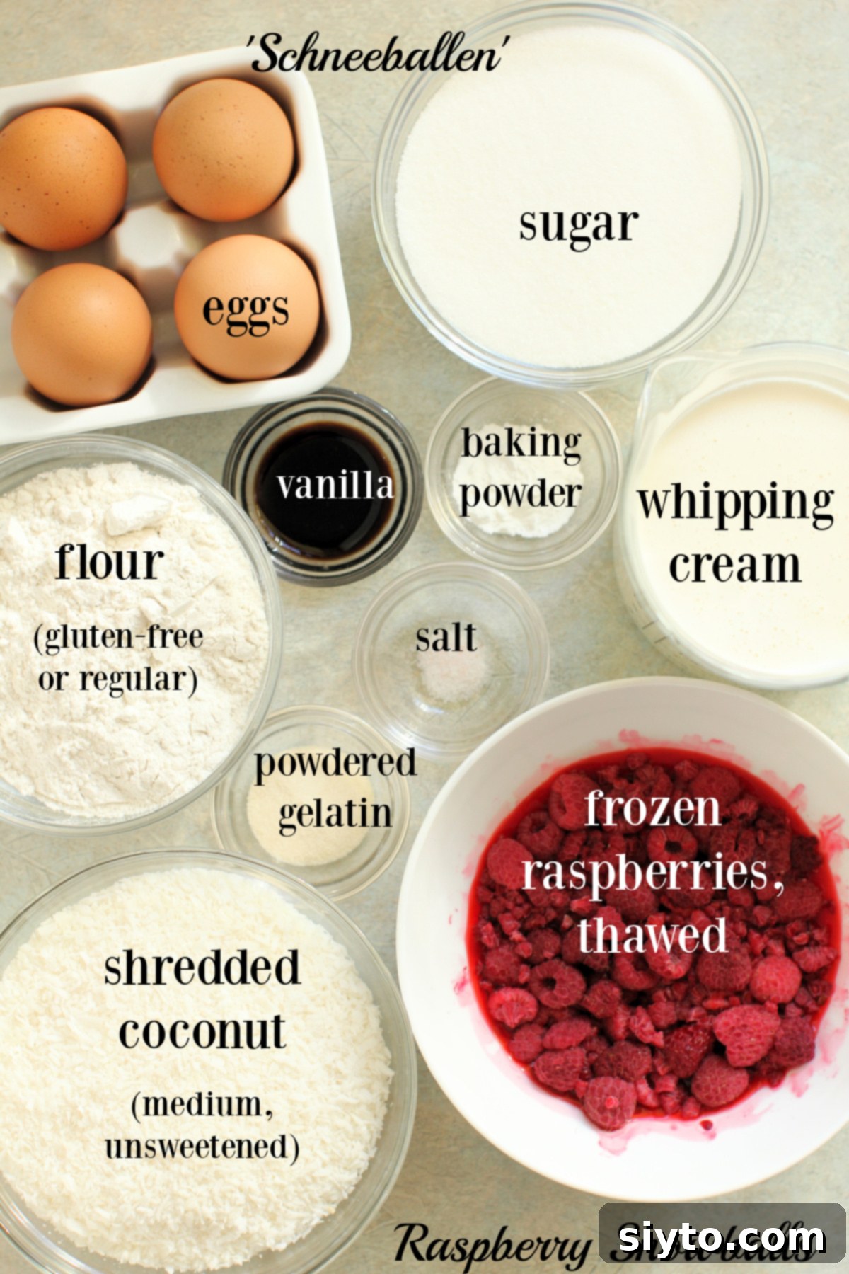 Raspberry Snowballs 4 ingredients in small bowls, labeled, for Raspberry Snowballs (Schneeballen).