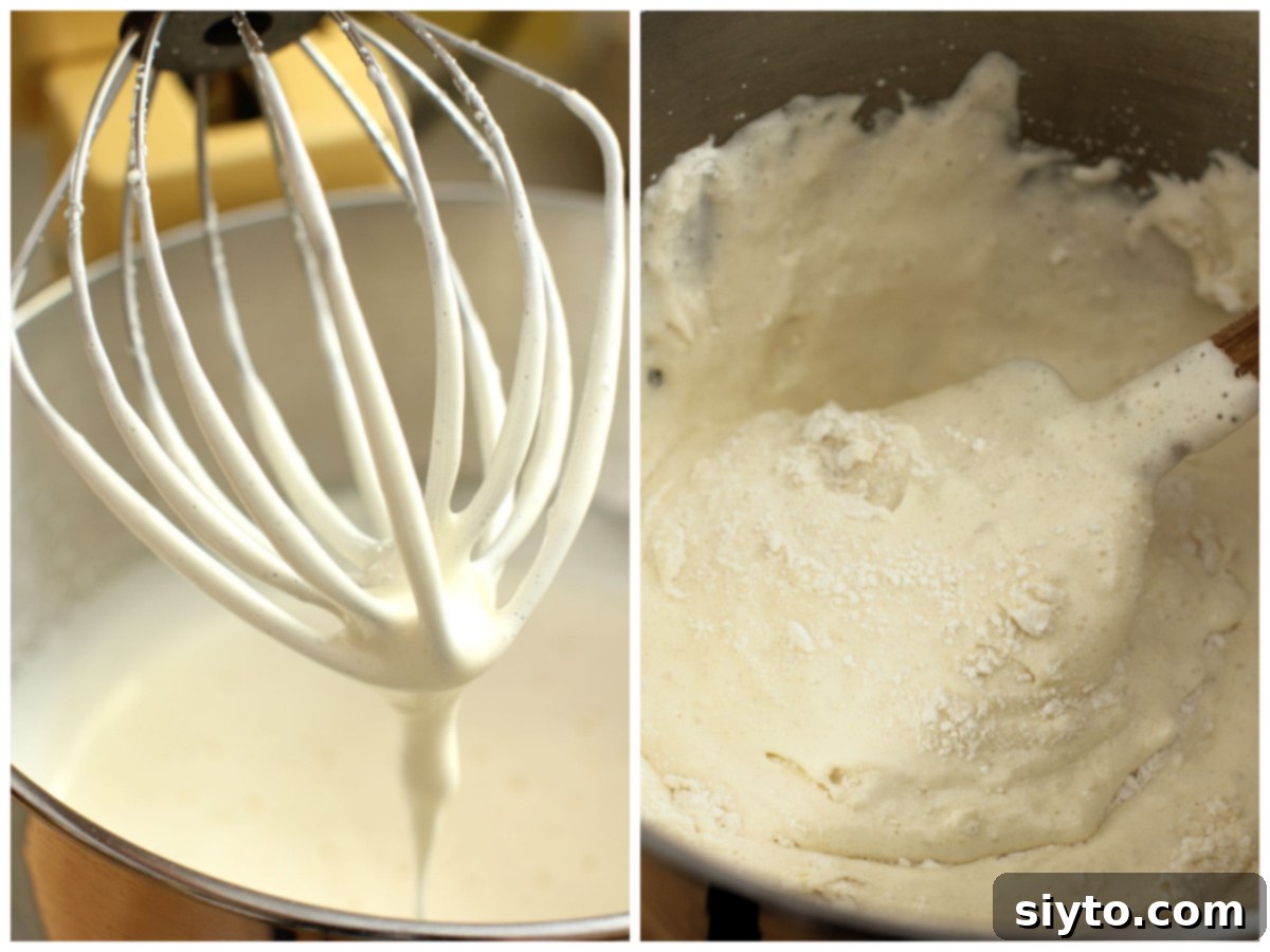Raspberry Snowballs 5 2 photo collage - whipped eggs in beater bowl, folding flour into eggs.
