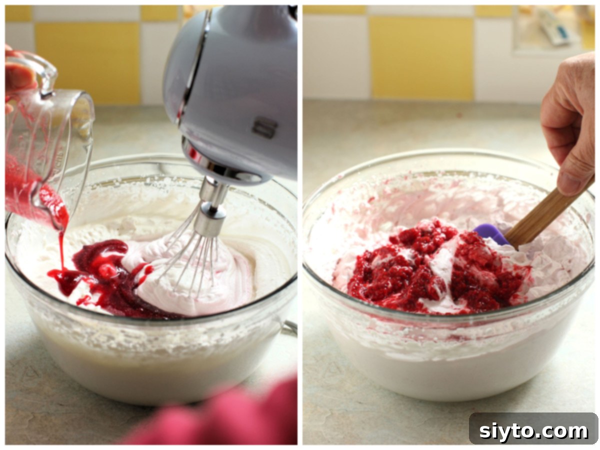 Raspberry Snowballs 7 2 photo collage - pouring the gelled raspberry juice into the beating egg whites in bowl, folding in the raspberries.