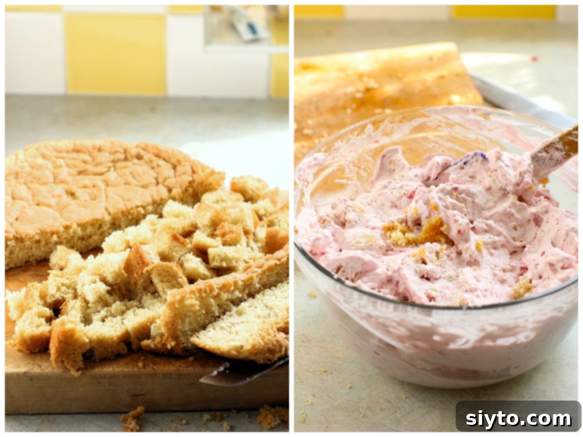 Raspberry Snowballs 8 2 photo collage - cutting the sponge cake into cubes, folding the sponge cake cubes into the raspberry whipped cream.