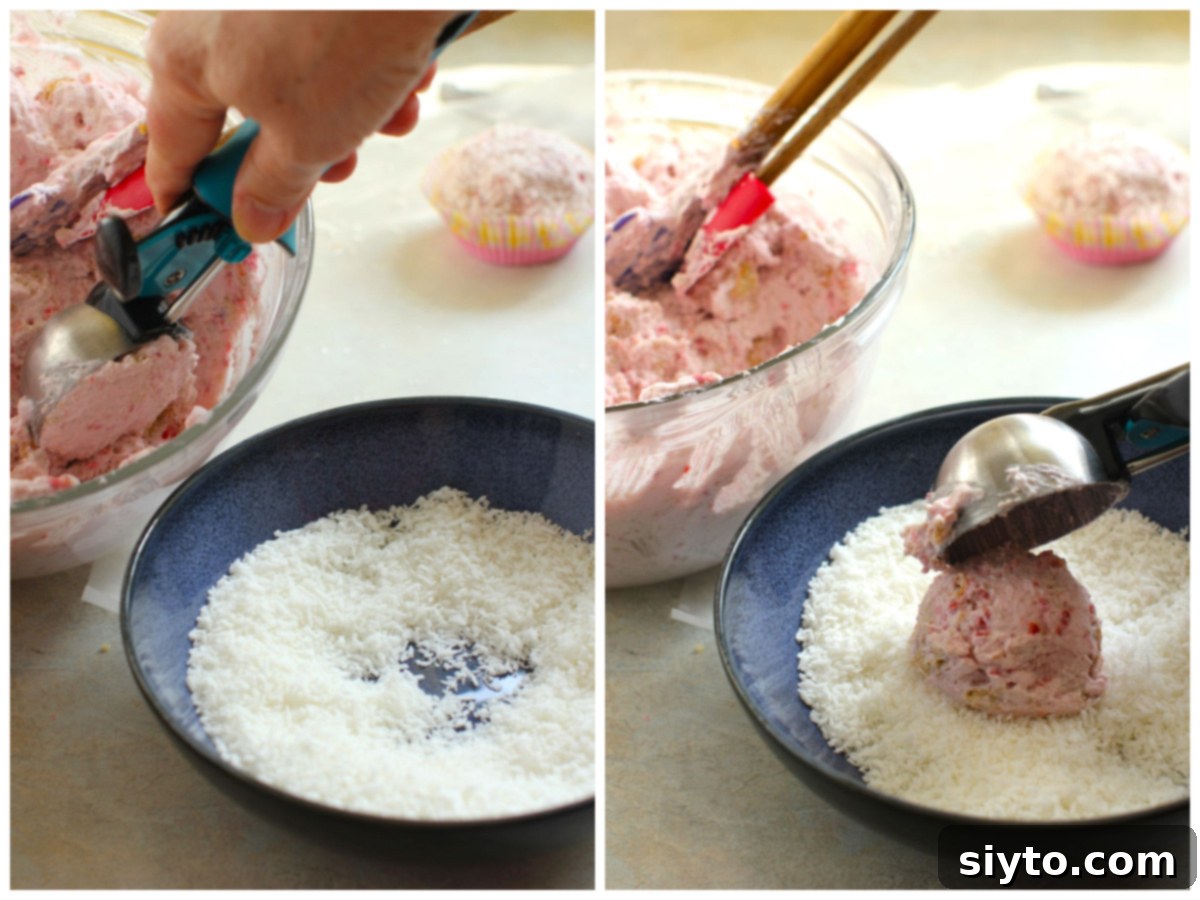 Raspberry Snowballs 9 2 photo collage - scooping the raspberry cream out of the bowl, dropping the scoop into the bowl of shredded coconut.