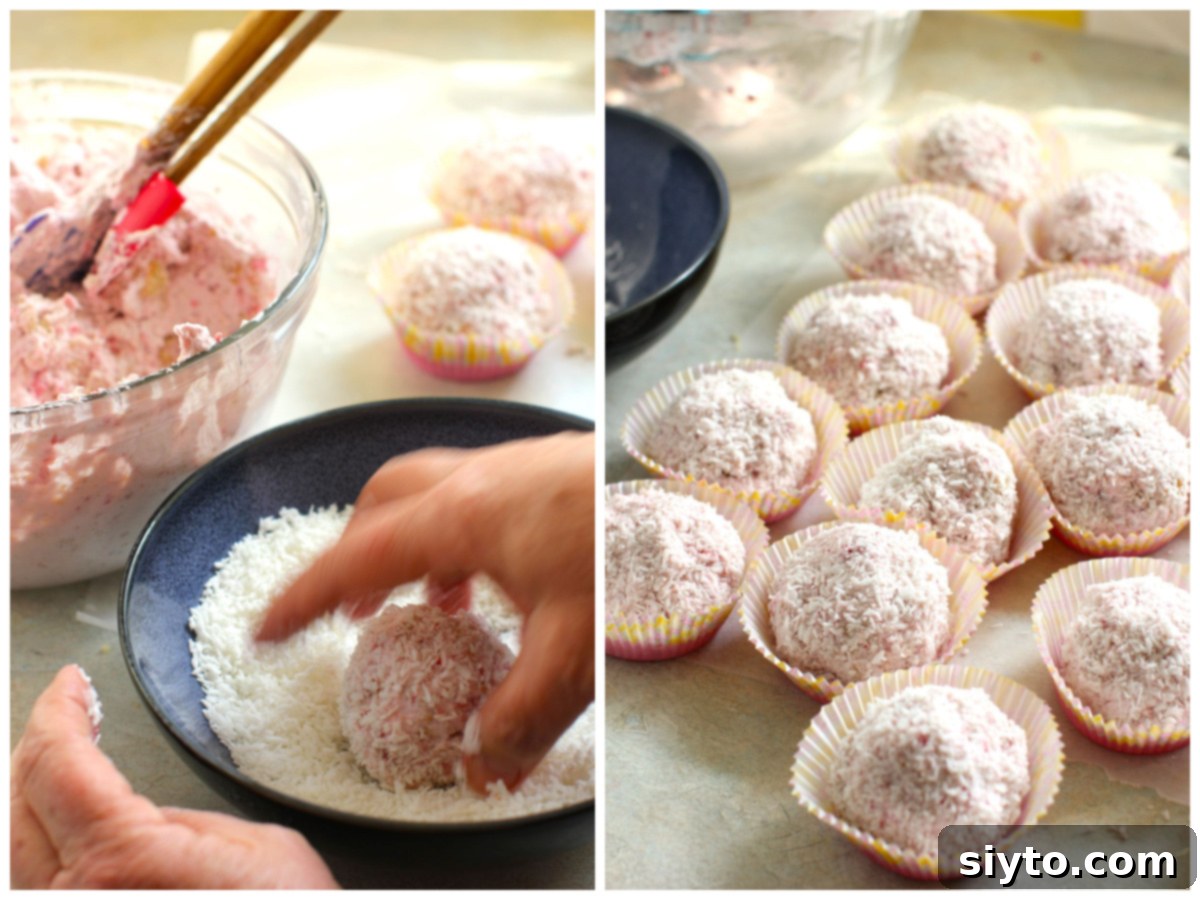 Raspberry Snowballs 10 2 photo collage - rolling the ball of raspberry cream in the shredded coconut, paper cupcake liners filled with Schneeballen.Gluten