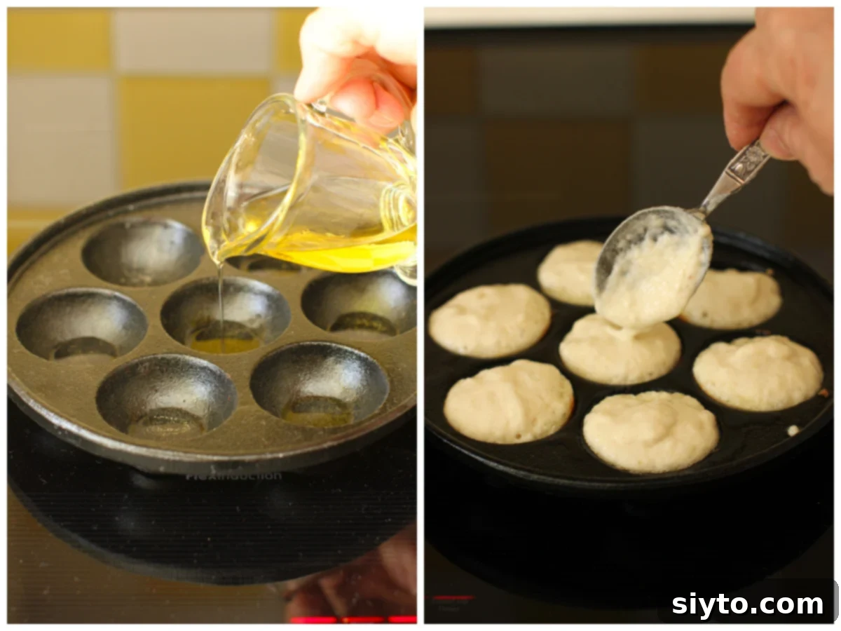 A two-photo collage illustrating the initial steps of baking Aebleskiver: first, pouring oil into the wells of the pan, and then carefully adding the pancake batter to each indent.