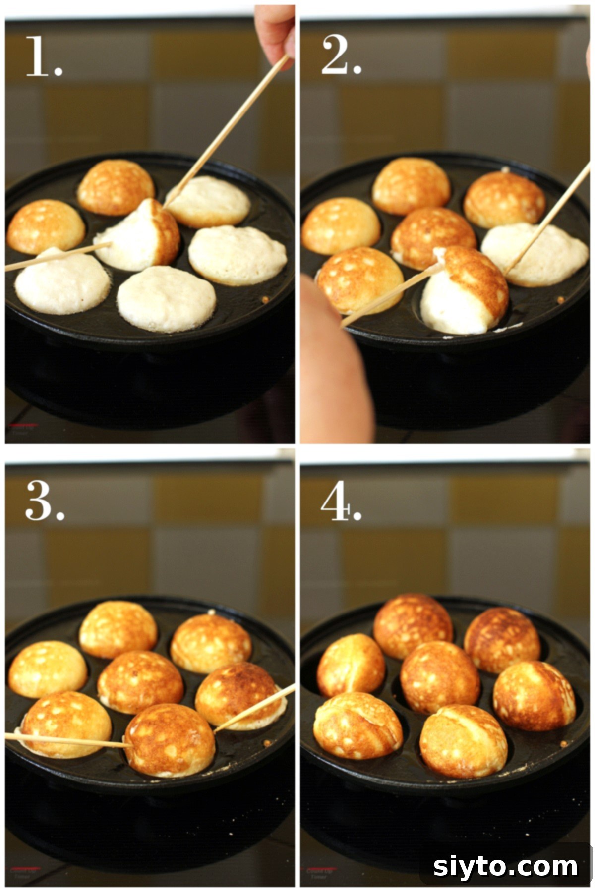 A four-photo collage illustrating the precise stages of turning Aebleskiver in the pan, showing how to achieve their perfect spherical shape.