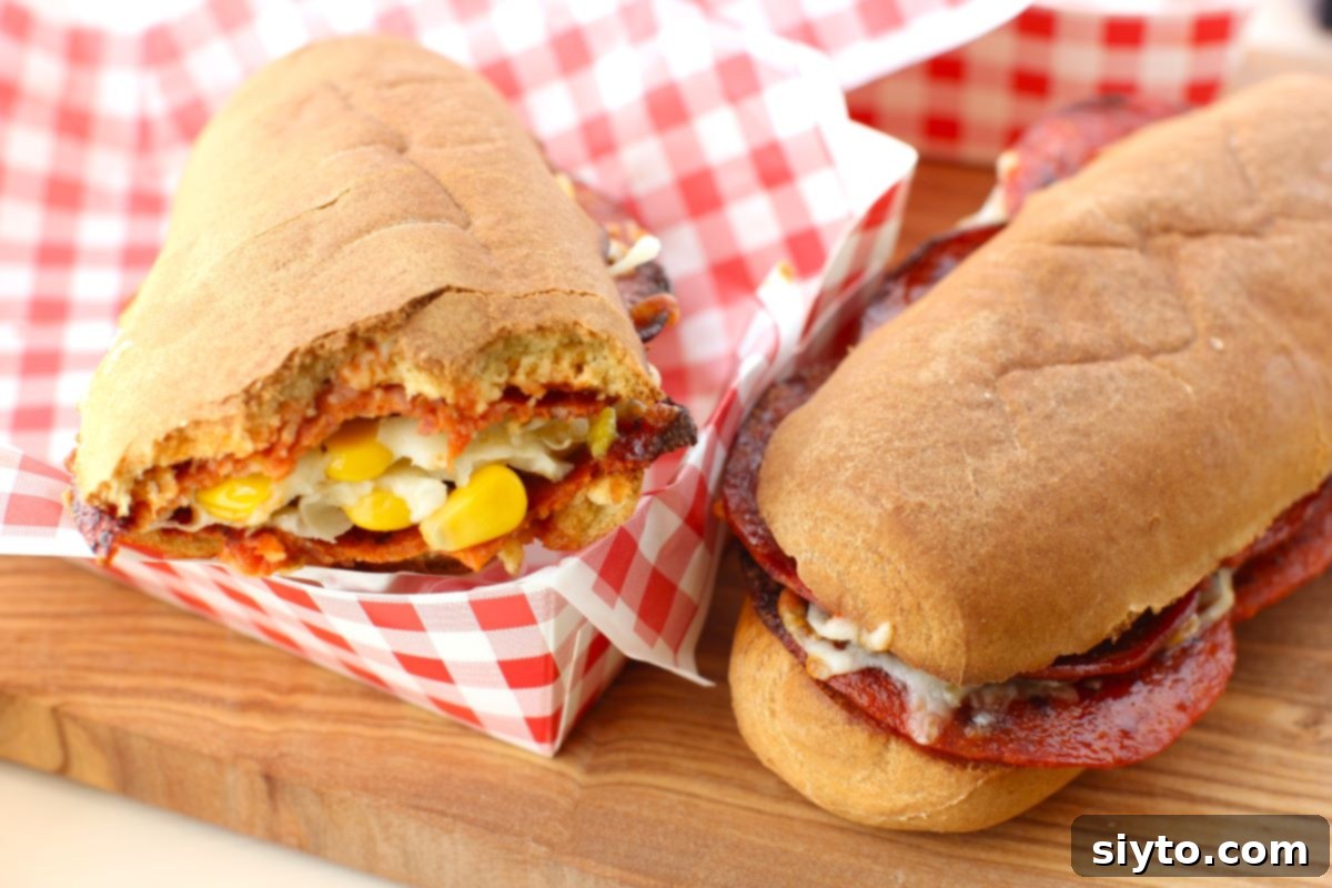 Two folded pizza dogs, one with a bite taken out, showcasing the melted cheese and fillings inside.