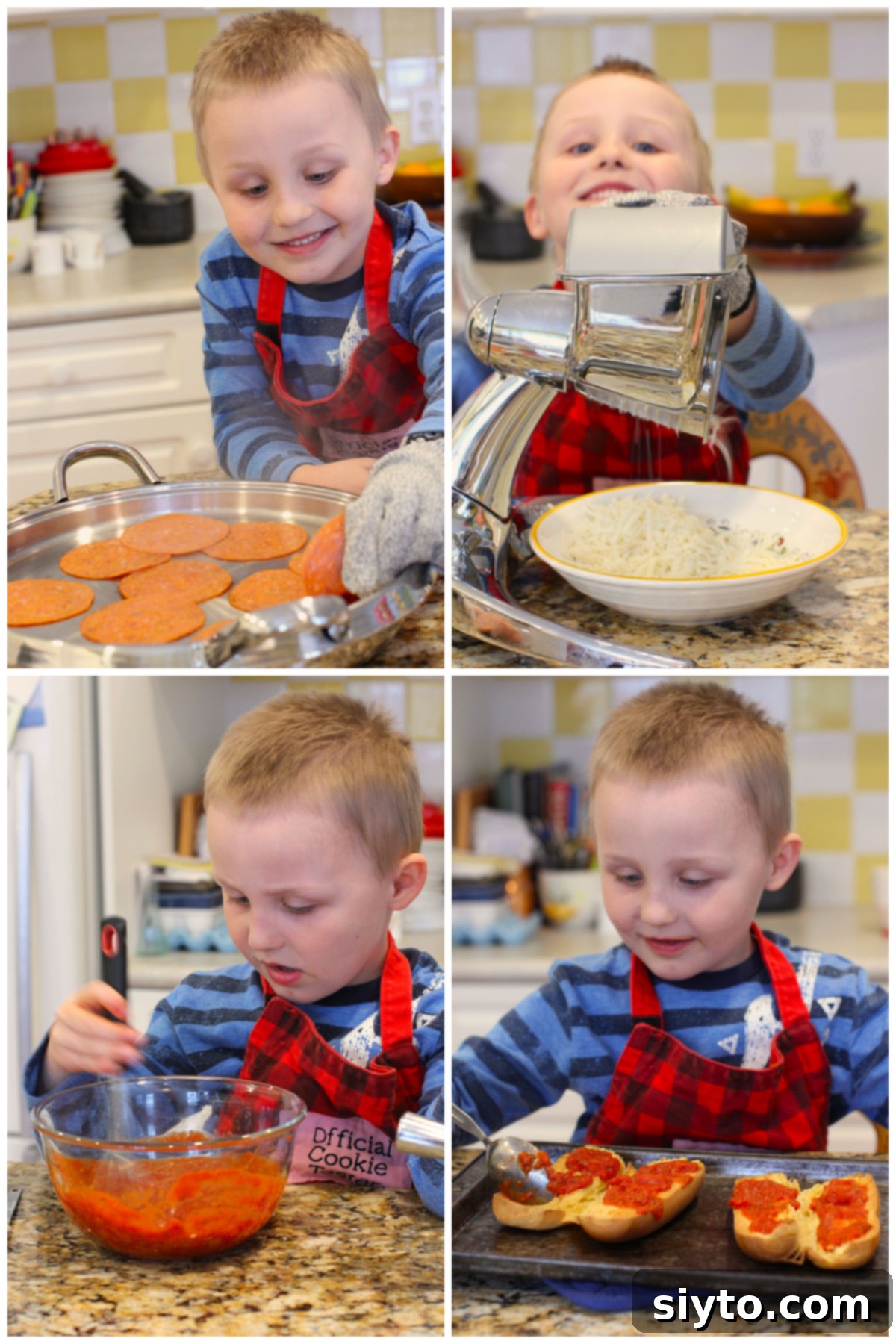 A four-photo collage illustrating the steps of making pizza dogs: Caleb frying pepperoni, shredding cheese, stirring pizza sauce, and spreading sauce on toasted hot dog buns.